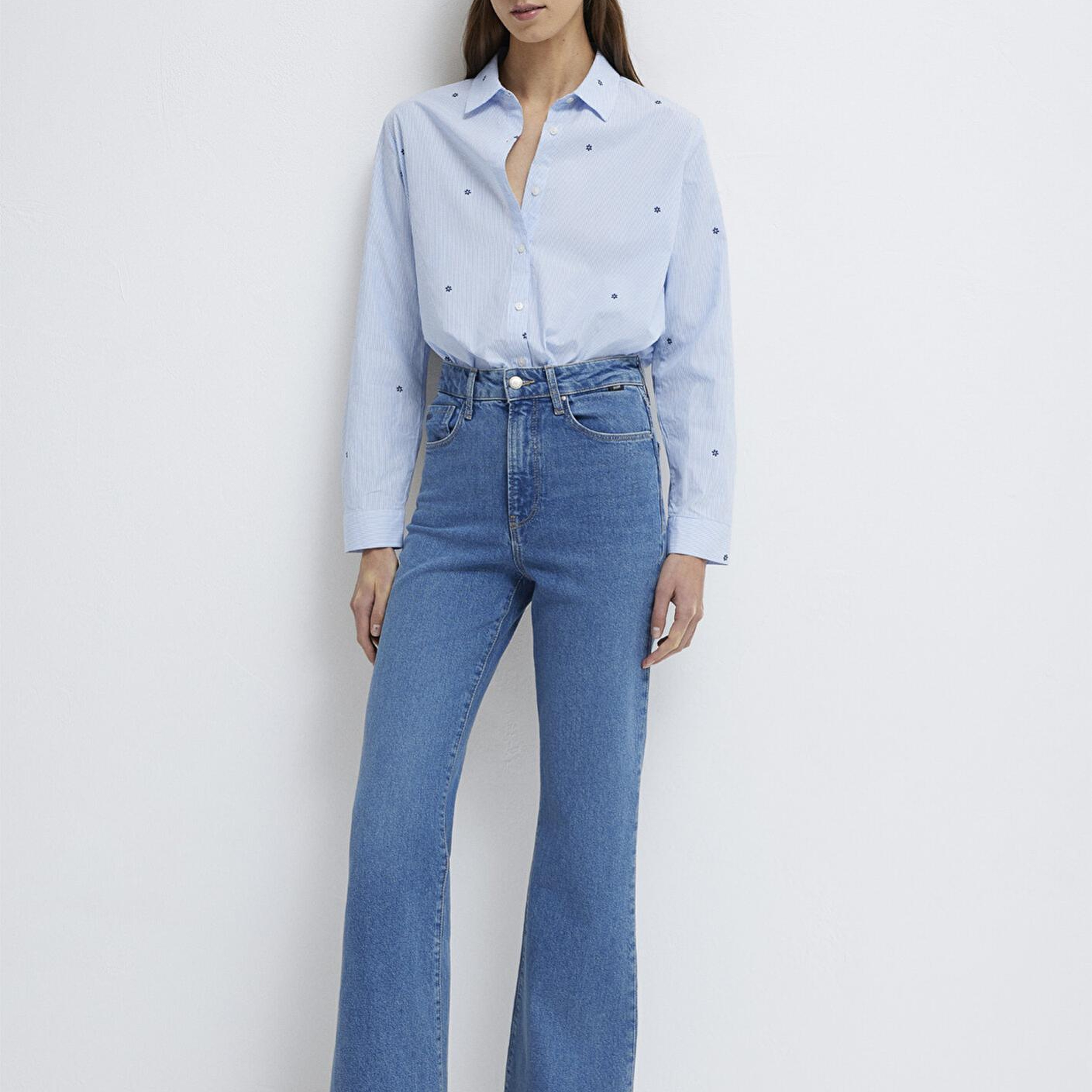 Mavi Çiçek Baskılı Mavi Gömlek Loose Fit / Bol Rahat Kesim 1210610-91382