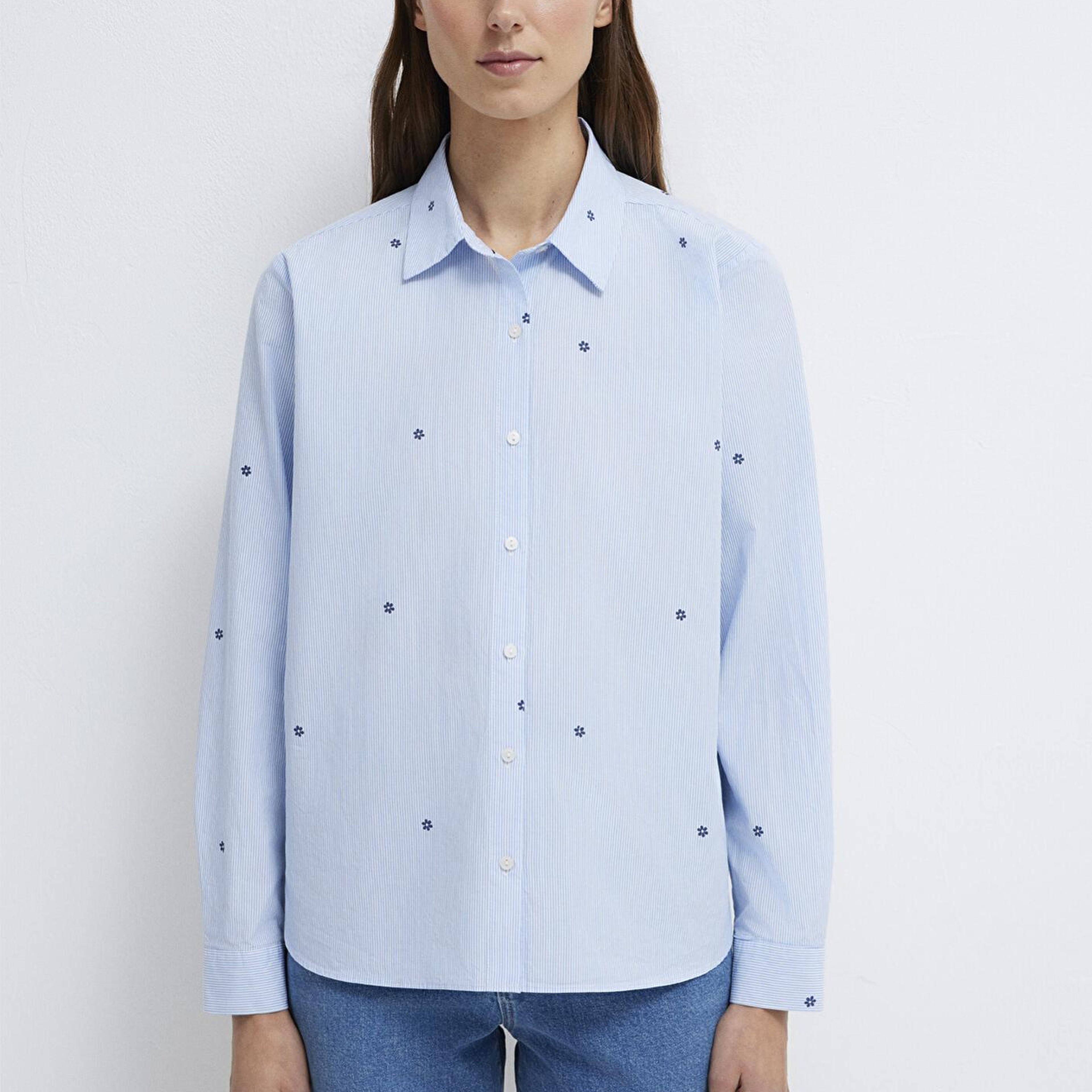 Mavi Çiçek Baskılı Mavi Gömlek Loose Fit / Bol Rahat Kesim 1210610-91382