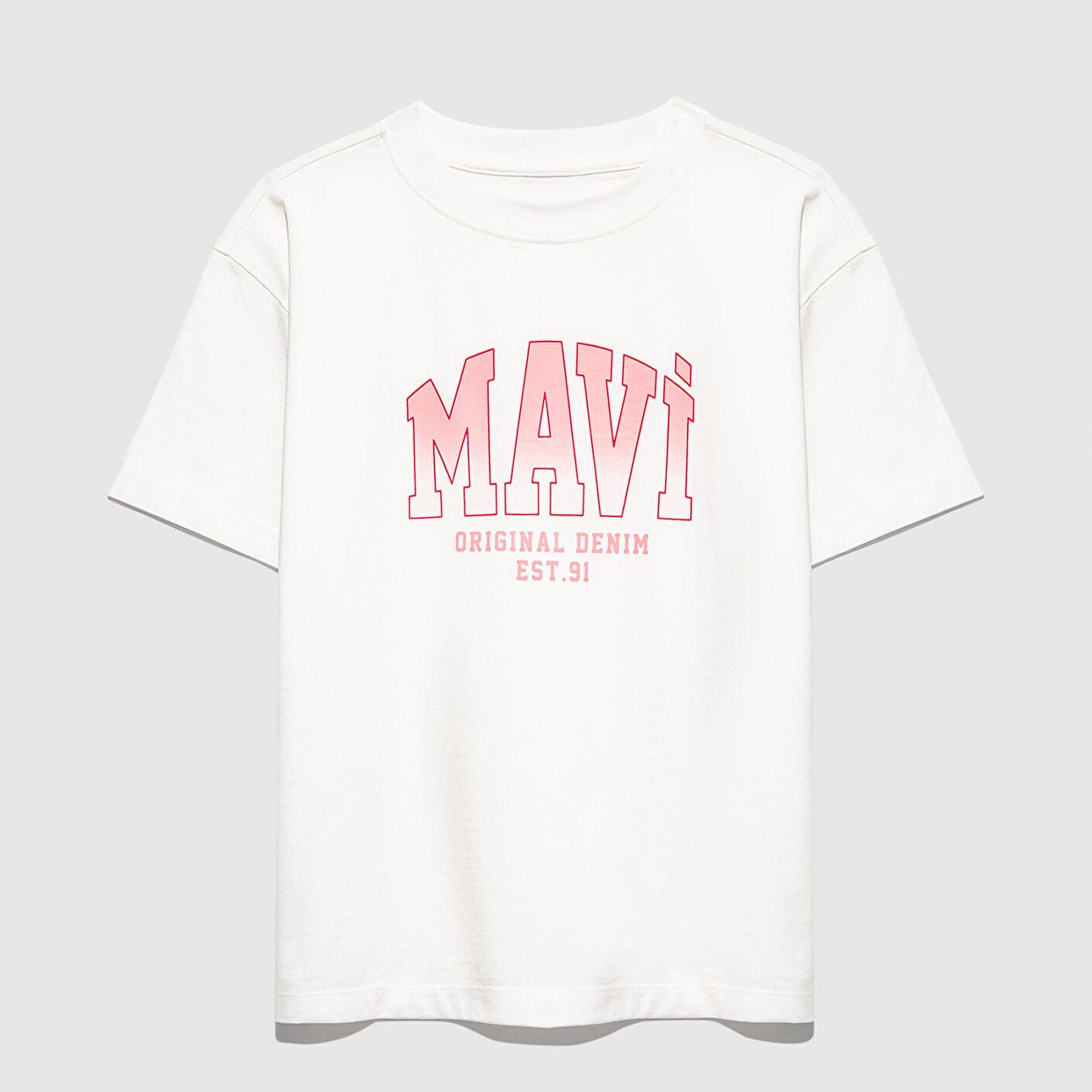 Mavi Mavi Logo Baskılı Ekru Tişört Loose Fit / Bol Rahat Kesim 7610386-70057