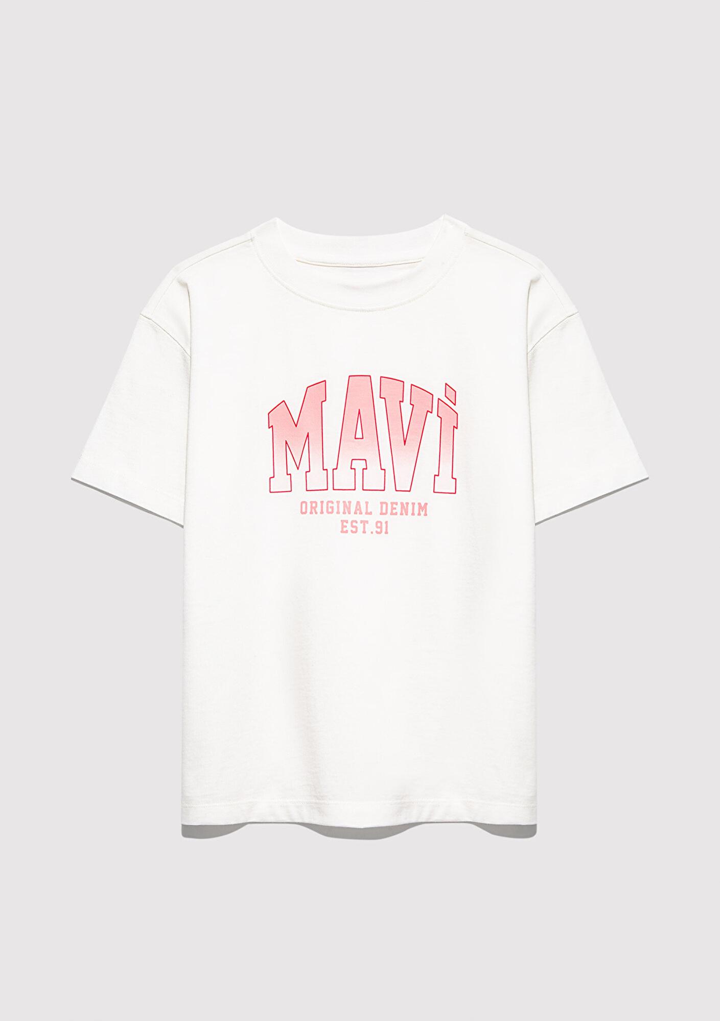 Mavi Mavi Logo Baskılı Ekru Tişört Loose Fit / Bol Rahat Kesim 7610386-70057