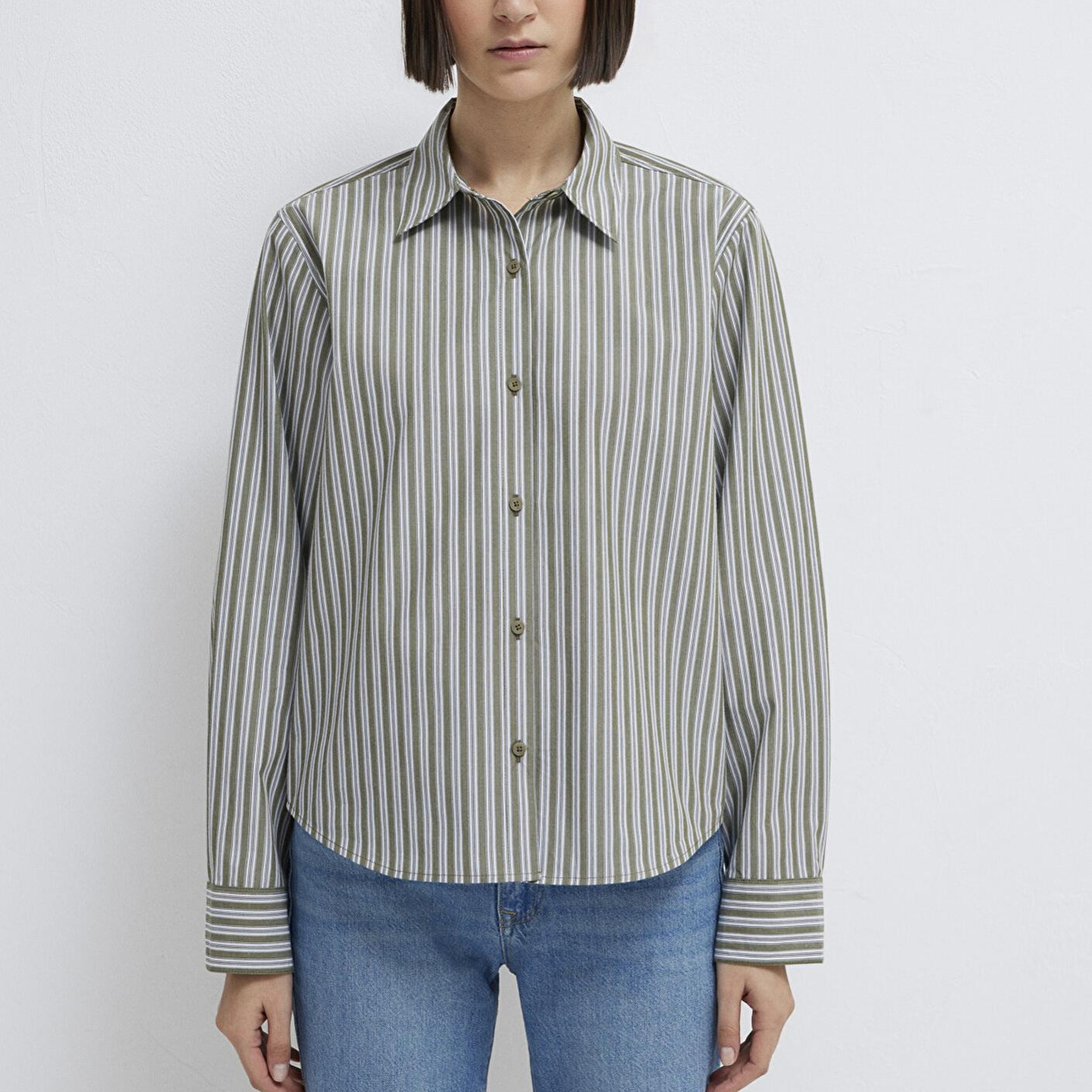 Mavi Çizgili Yeşil Gömlek Loose Fit / Bol Rahat Kesim 1211386-85171