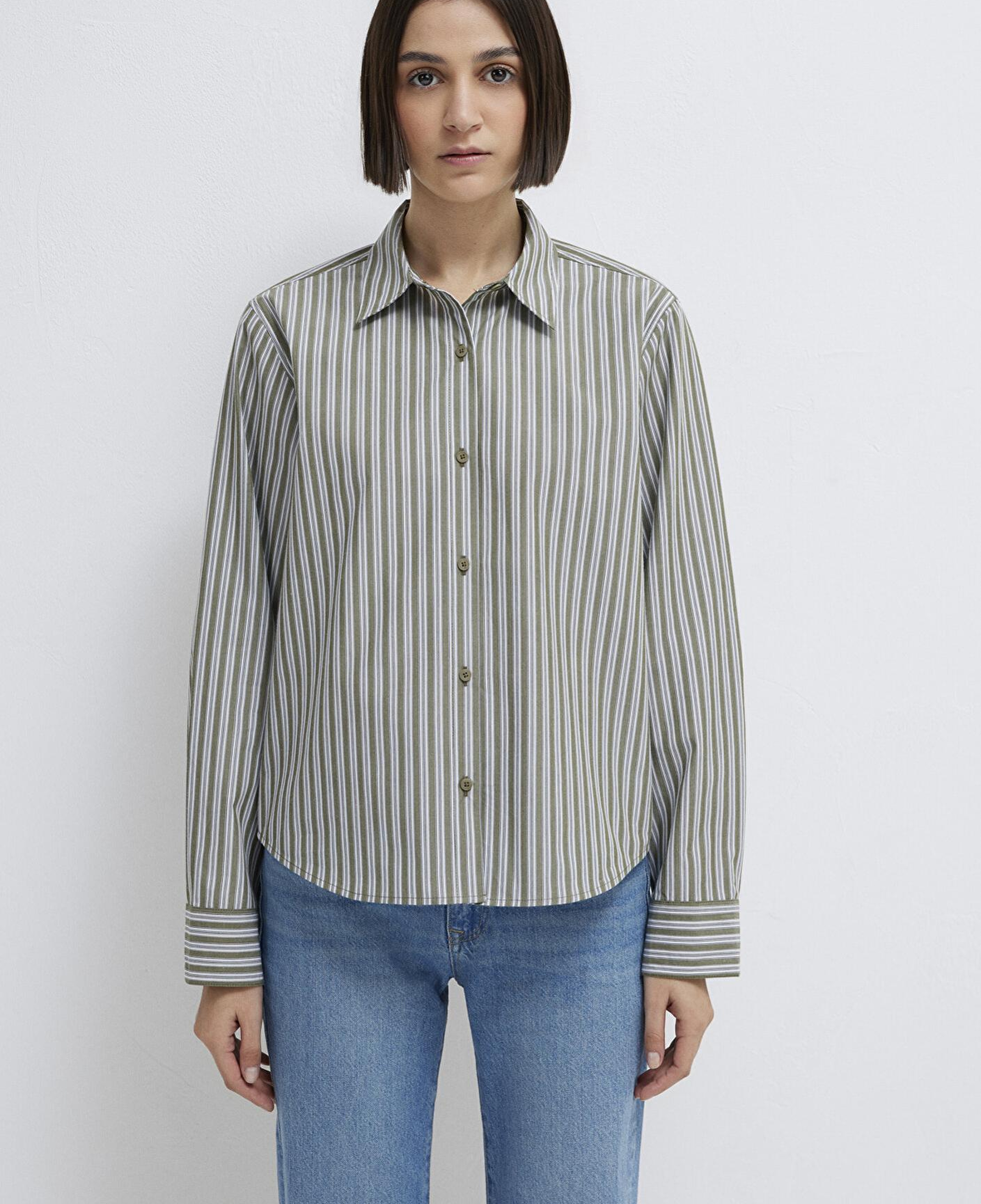 Mavi Çizgili Yeşil Gömlek Loose Fit / Bol Rahat Kesim 1211386-85171