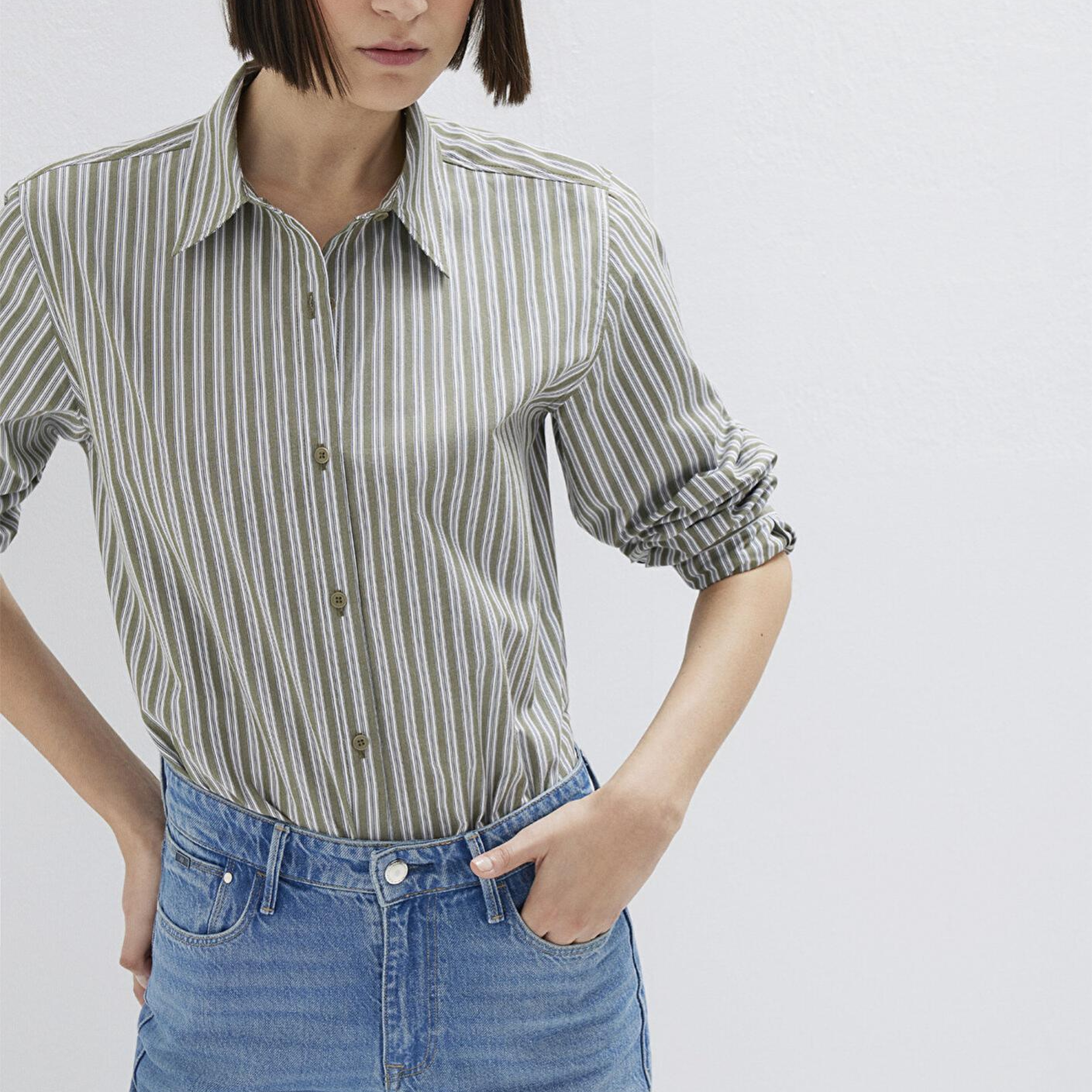 Mavi Çizgili Yeşil Gömlek Loose Fit / Bol Rahat Kesim 1211386-85171