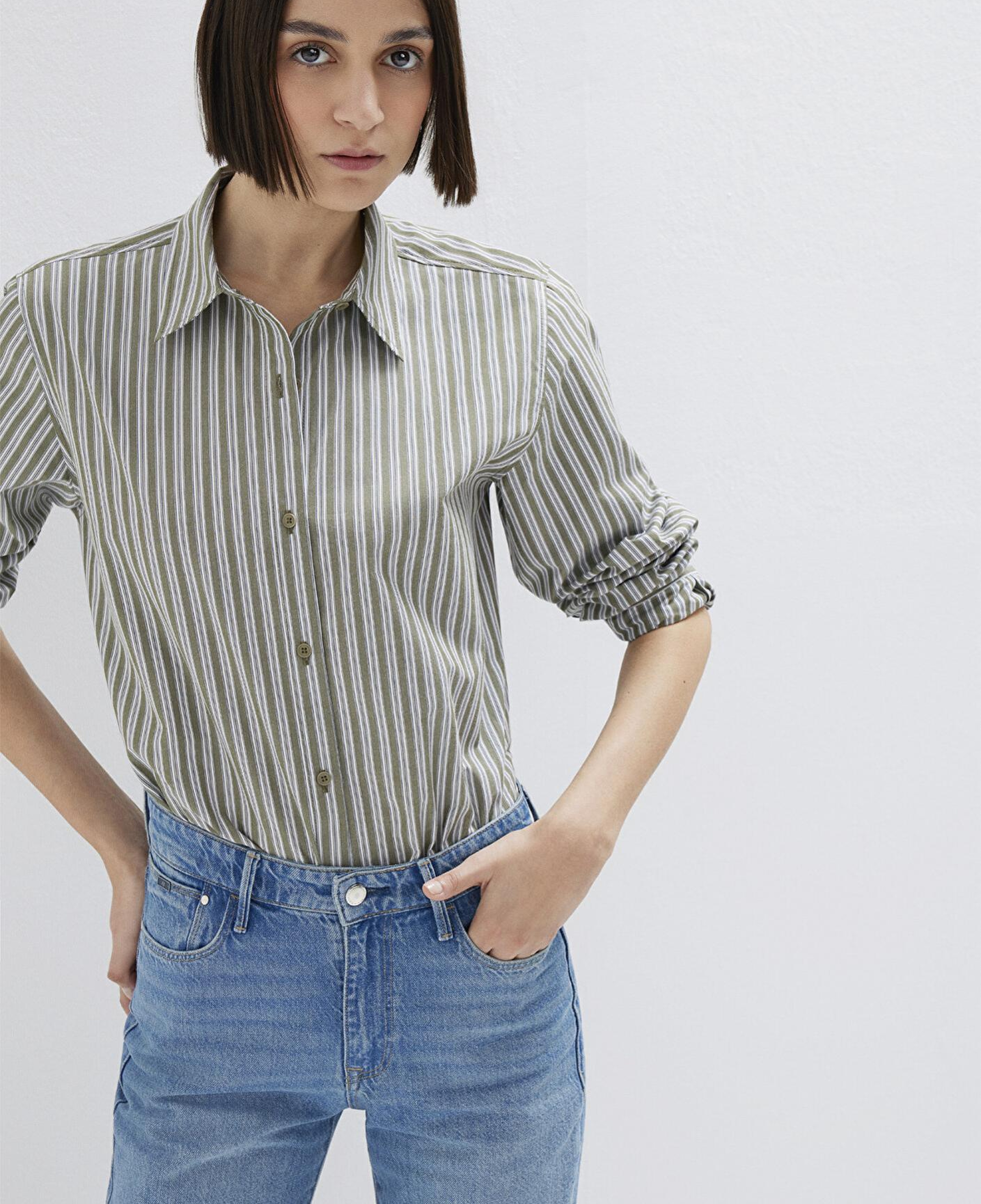 Mavi Çizgili Yeşil Gömlek Loose Fit / Bol Rahat Kesim 1211386-85171