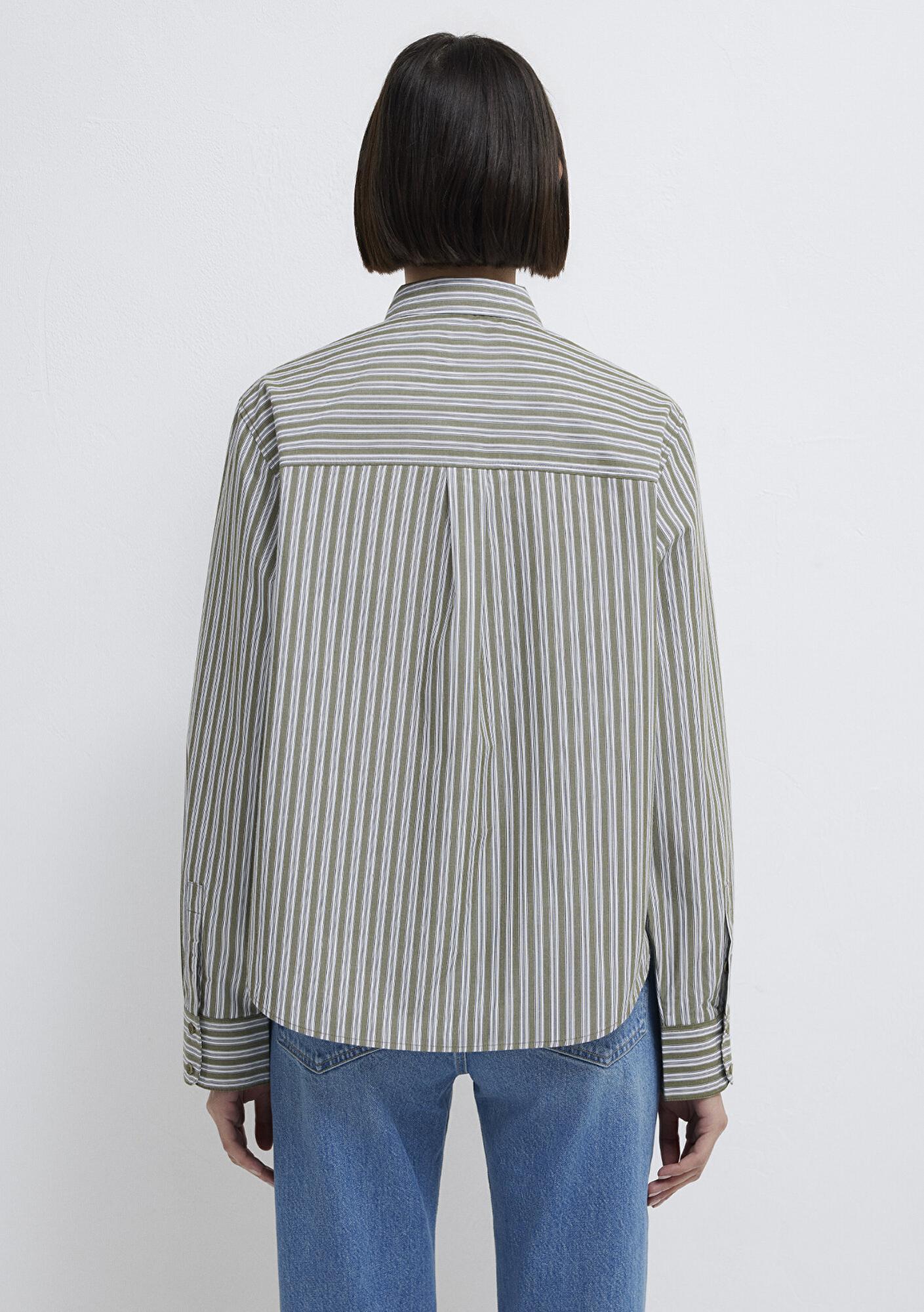 Mavi Çizgili Yeşil Gömlek Loose Fit / Bol Rahat Kesim 1211386-85171