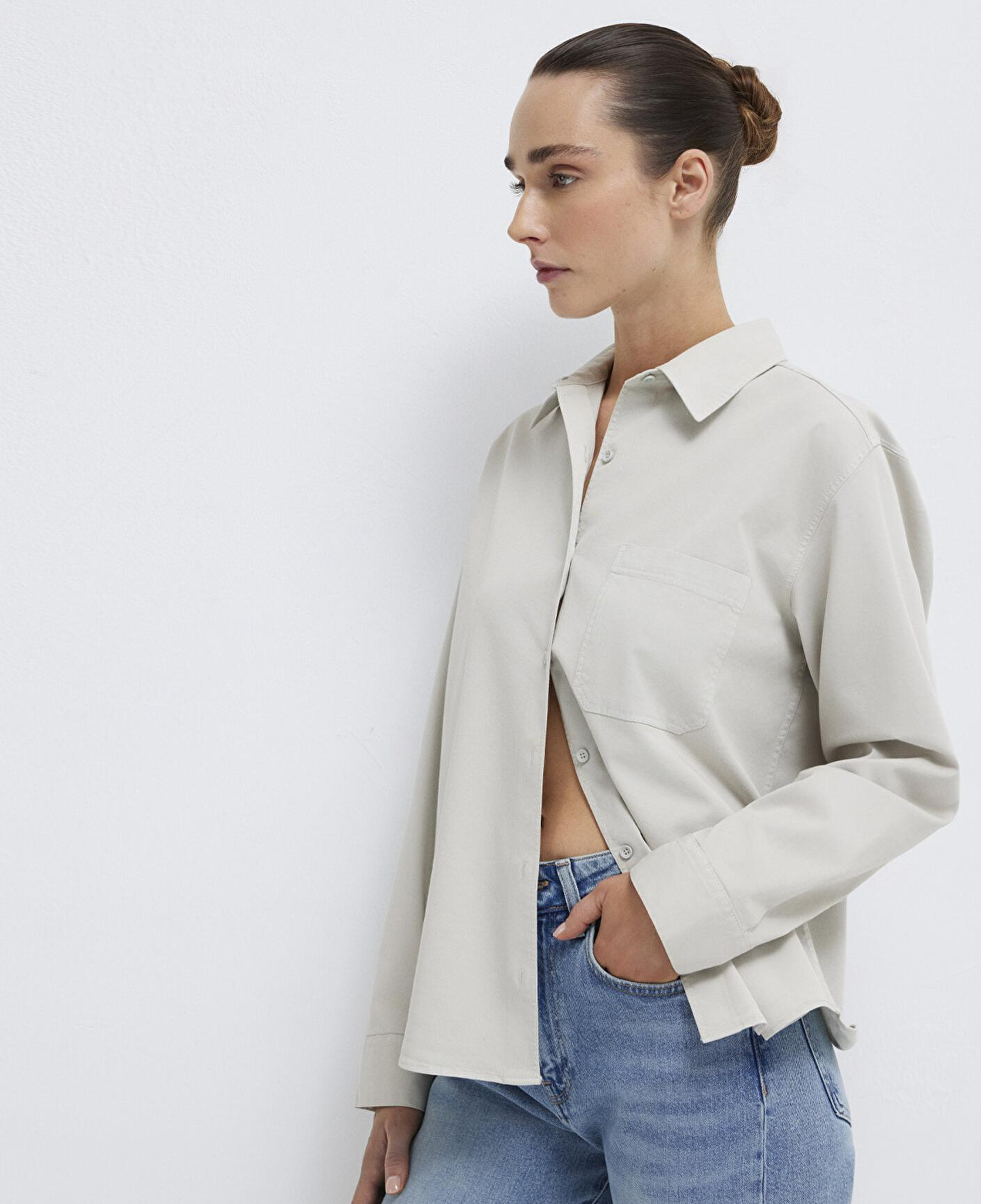 Mavi Cepli Gri Gömlek Loose Fit / Bol Rahat Kesim 1211385-80618