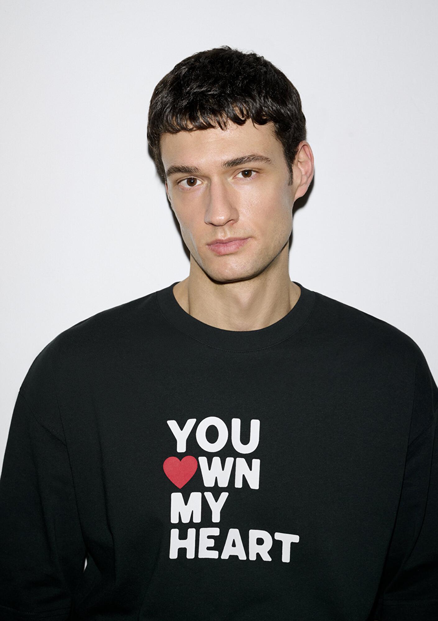 Mavi You Own My Heart Baskılı Siyah Tişört Oversize / Geniş Kesim 0613253-71379