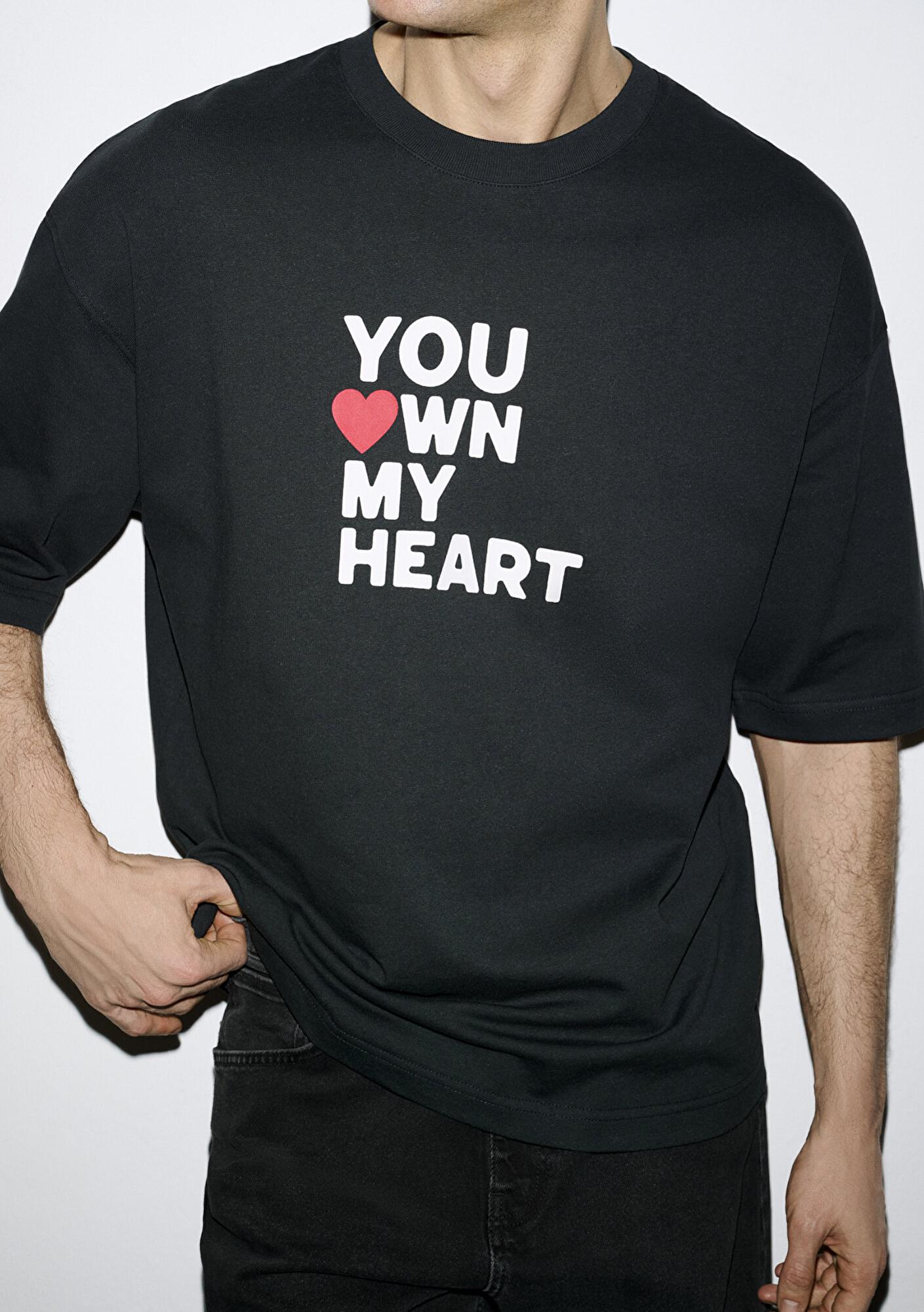 Mavi You Own My Heart Baskılı Siyah Tişört Oversize / Geniş Kesim 0613253-71379