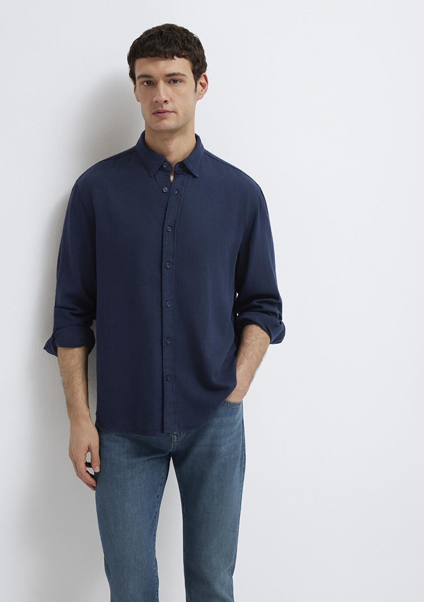 Mavi Keten Karışımlı Lacivert Tencel TM Liyosel Gömlek Regular Fit / Normal Kesim 0211482-70490