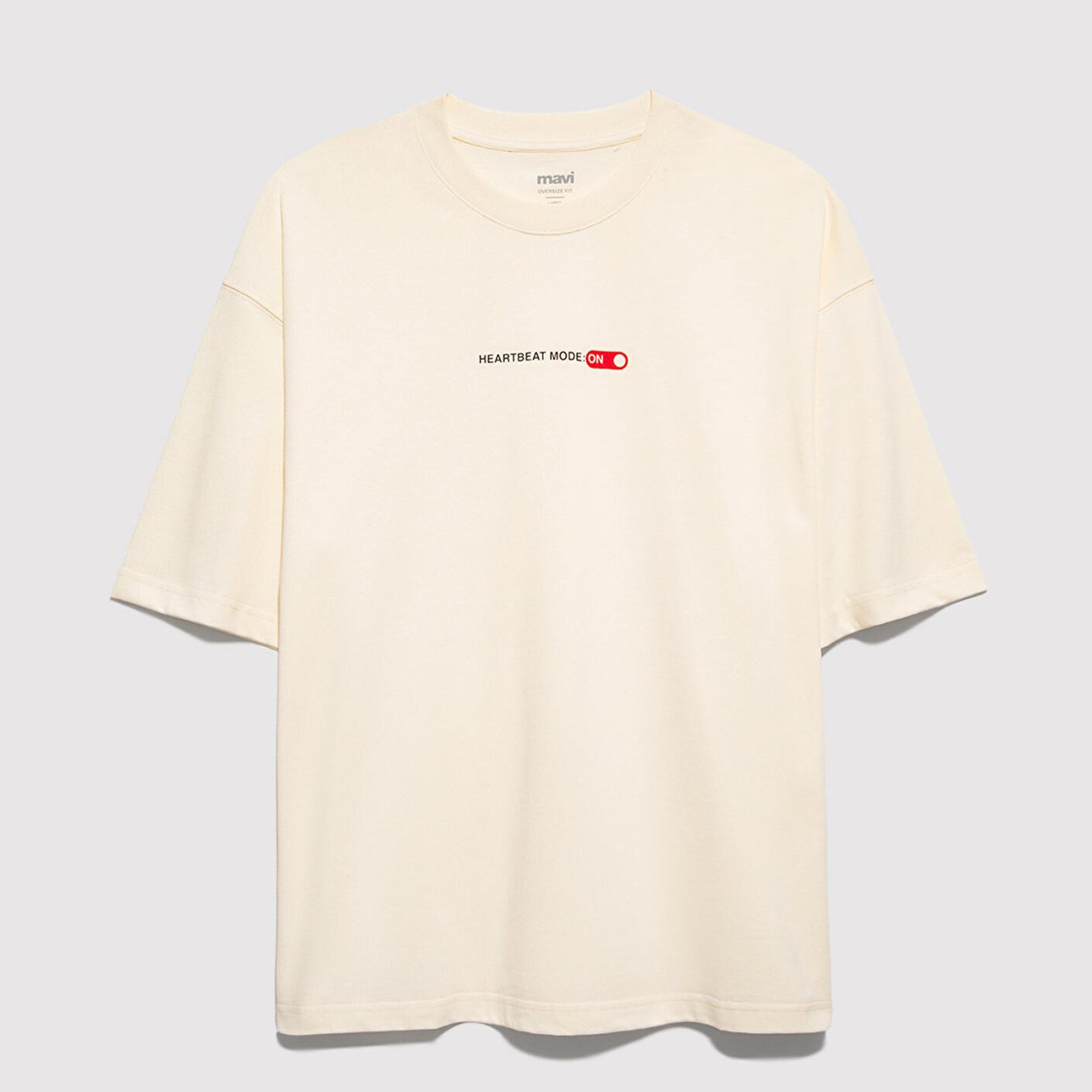 Mavi Heartbeat Mode On Baskılı Ekru Tişört Oversize / Geniş Kesim 0613254-83043