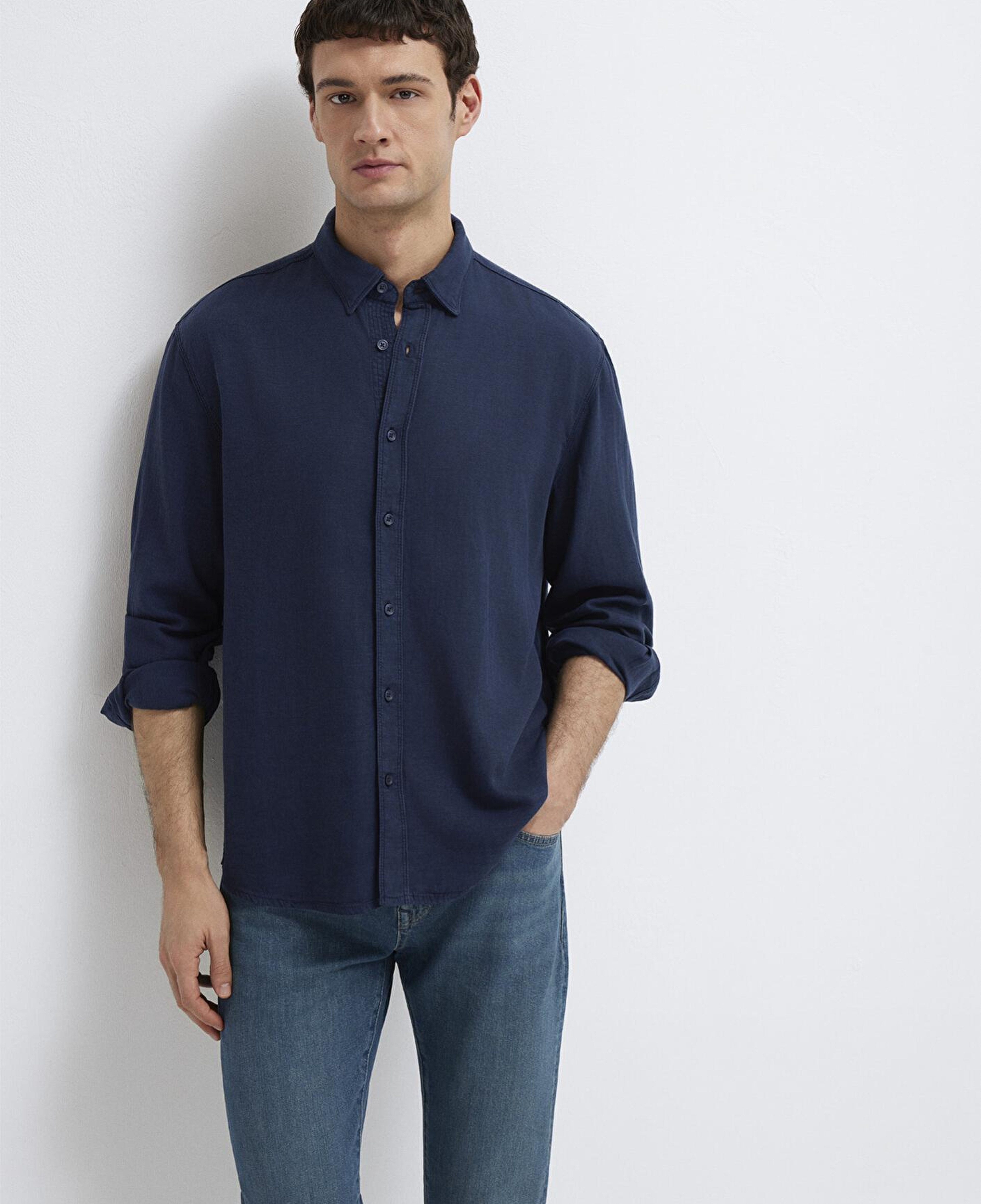 Mavi Keten Karışımlı Lacivert Tencel TM Liyosel Gömlek Regular Fit / Normal Kesim 0211482-70490