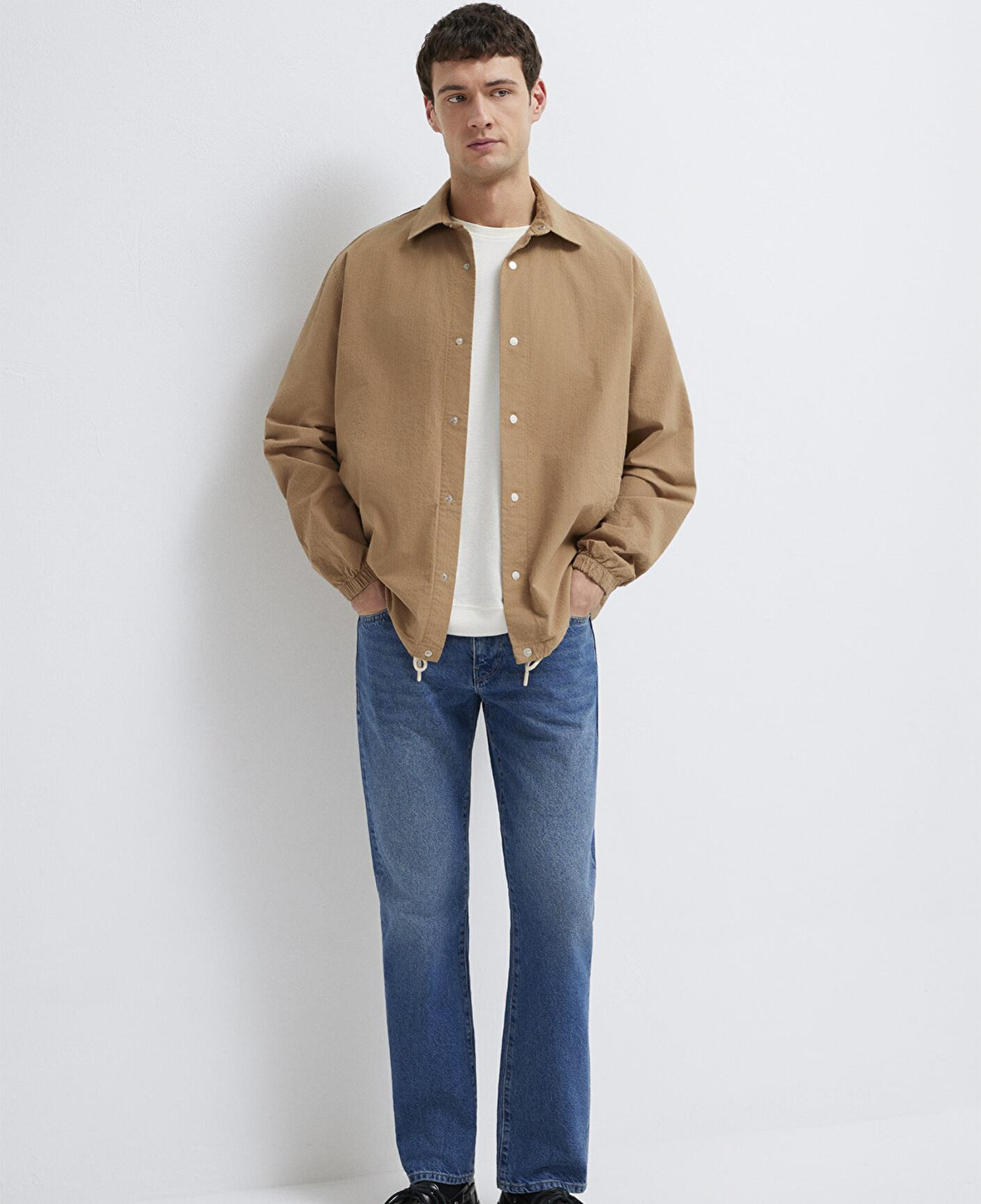 Mavi Cepli Kahverengi Gömlek Loose Fit / Bol Rahat Kesim 0211871-88616