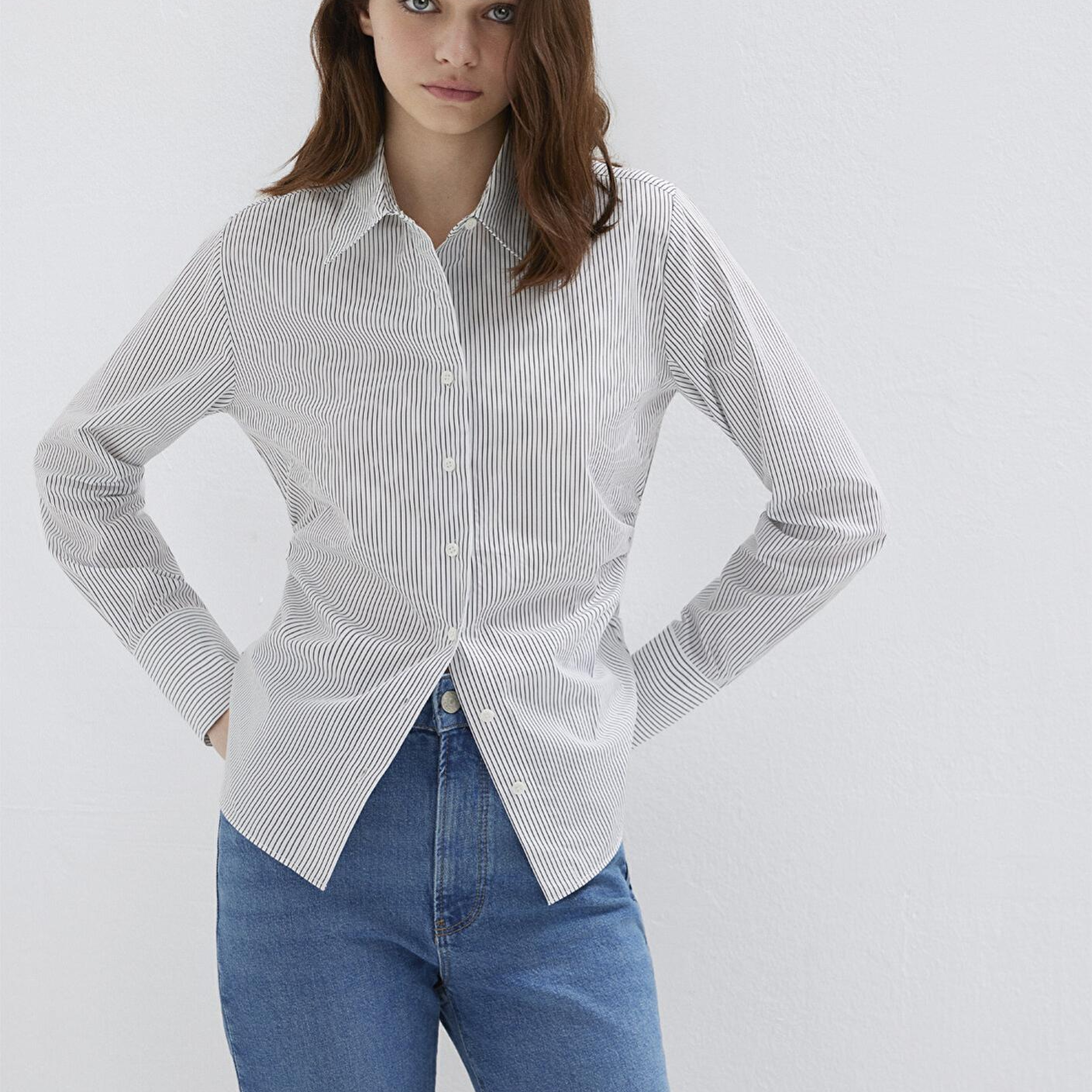 Mavi Antrasit Çizgili Beyaz Gömlek Slim Fit / Dar Kesim 1211378-91377