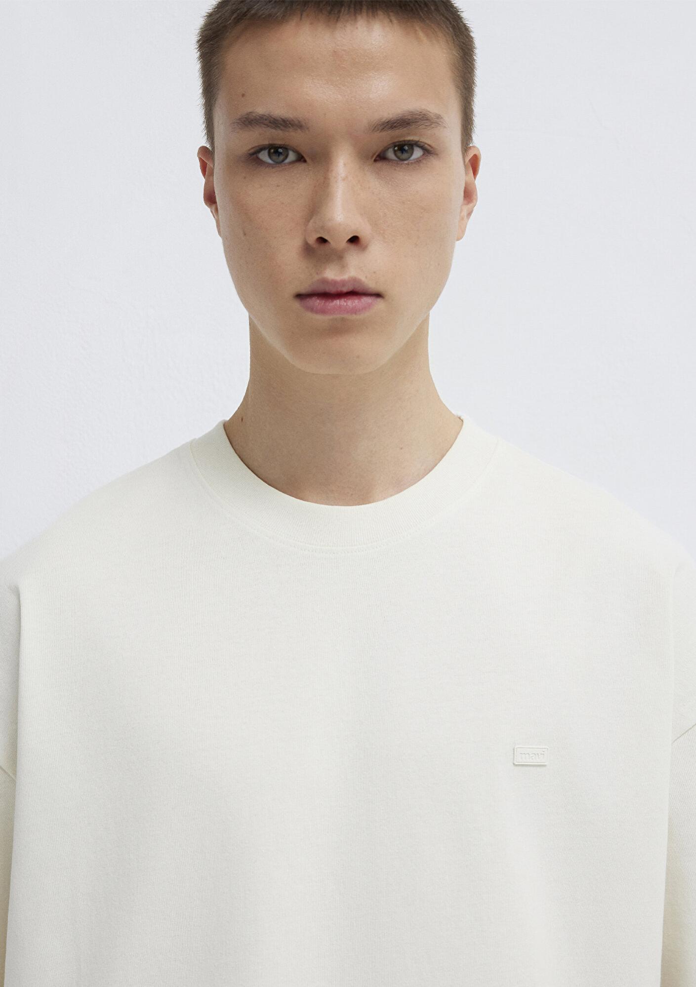 Mavi Silikon Logo Baskılı Ekru Basic Tişört Oversize / Geniş Kesim 0613188-71610