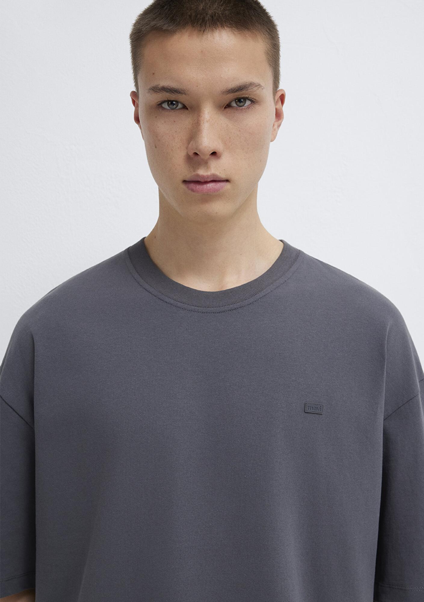 Mavi Silikon Logo Baskılı Antrasit Basic Tişört Oversize / Geniş Kesim 0613188-80955