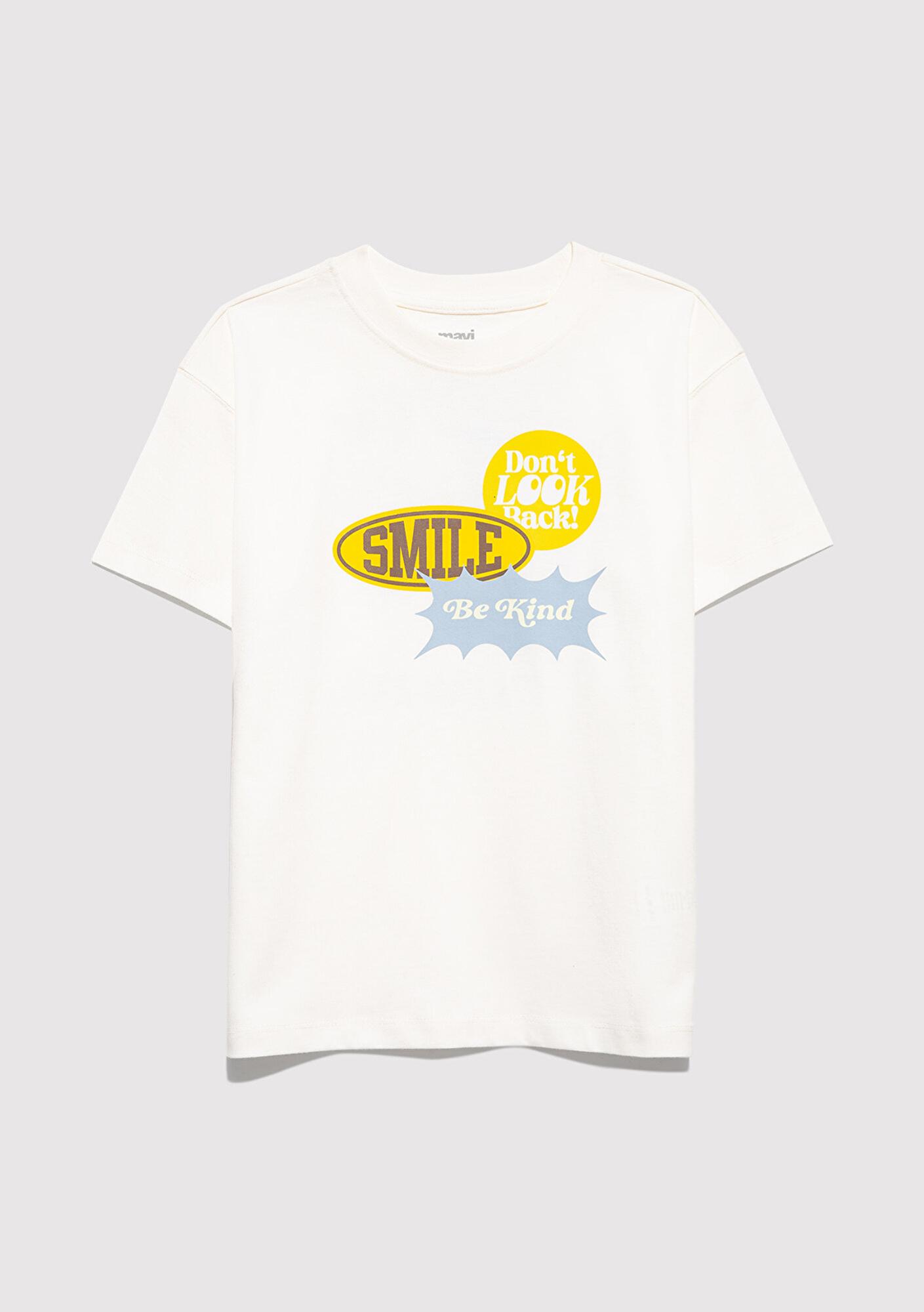 Mavi Baskılı Ekru Tişört Loose Fit / Bol Rahat Kesim 6610399-70057