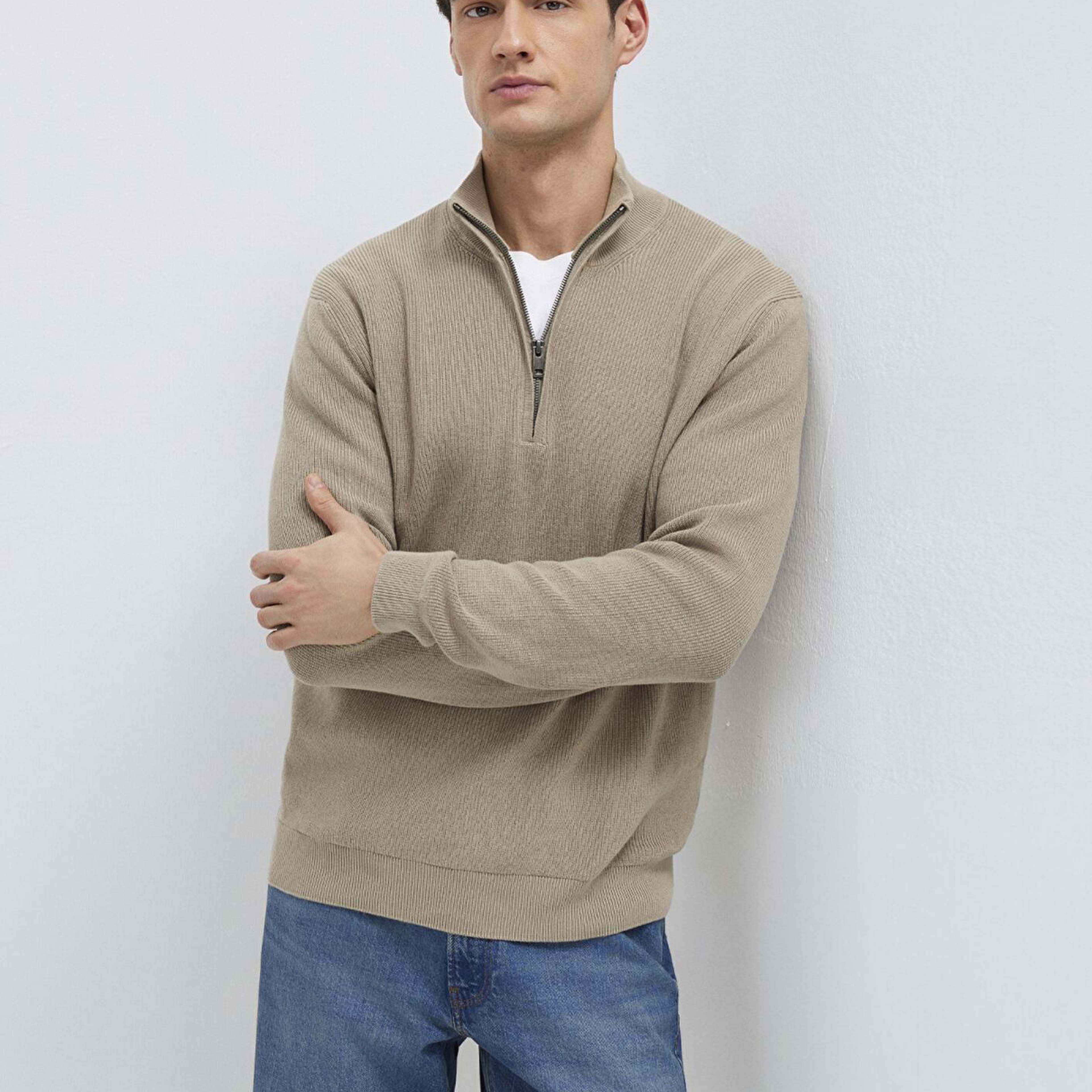 Mavi Yarı Fermuarlı Kahverengi Kazak Regular Fit / Normal Kesim 0710396-70355