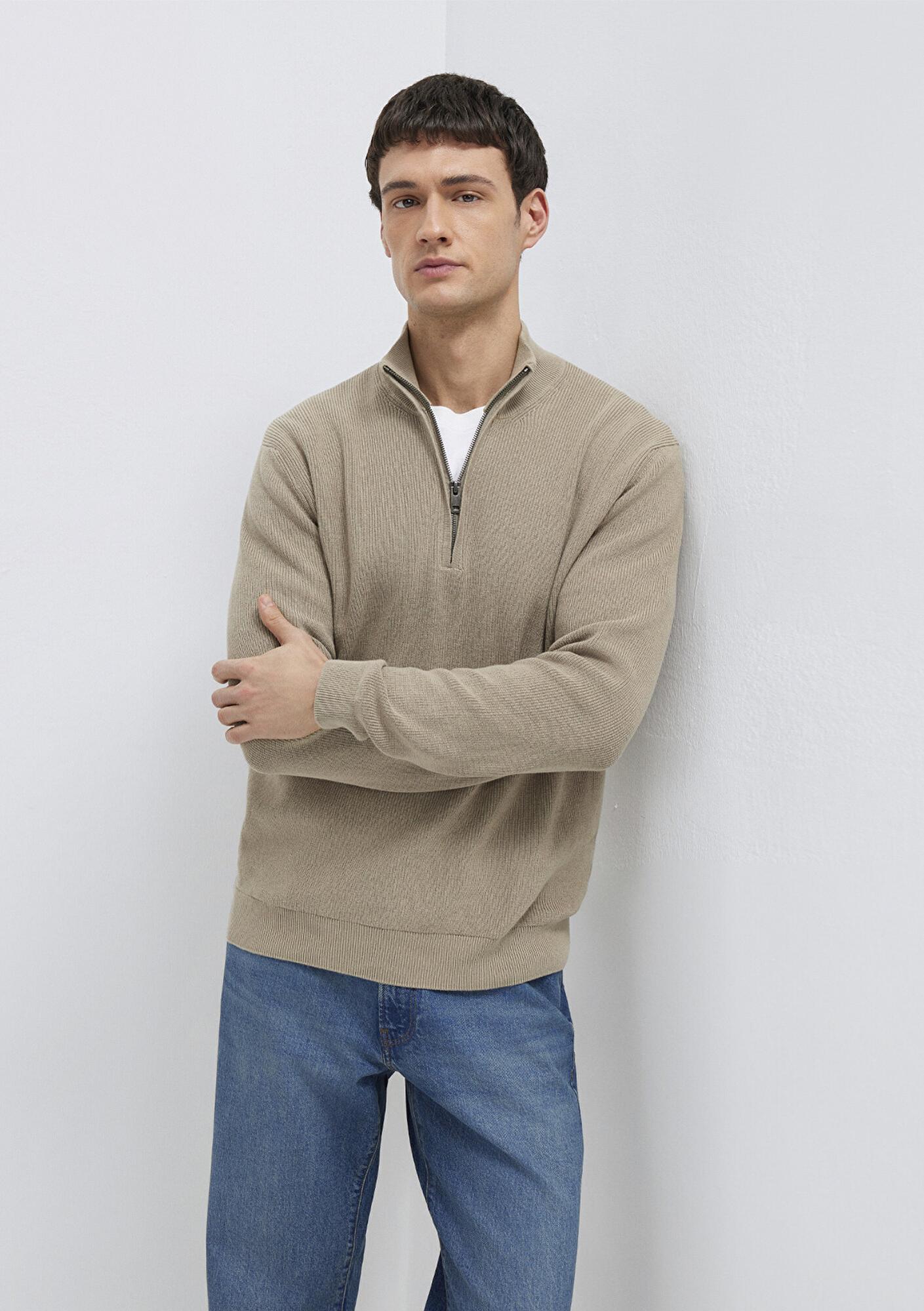 Mavi Yarı Fermuarlı Kahverengi Kazak Regular Fit / Normal Kesim 0710396-70355