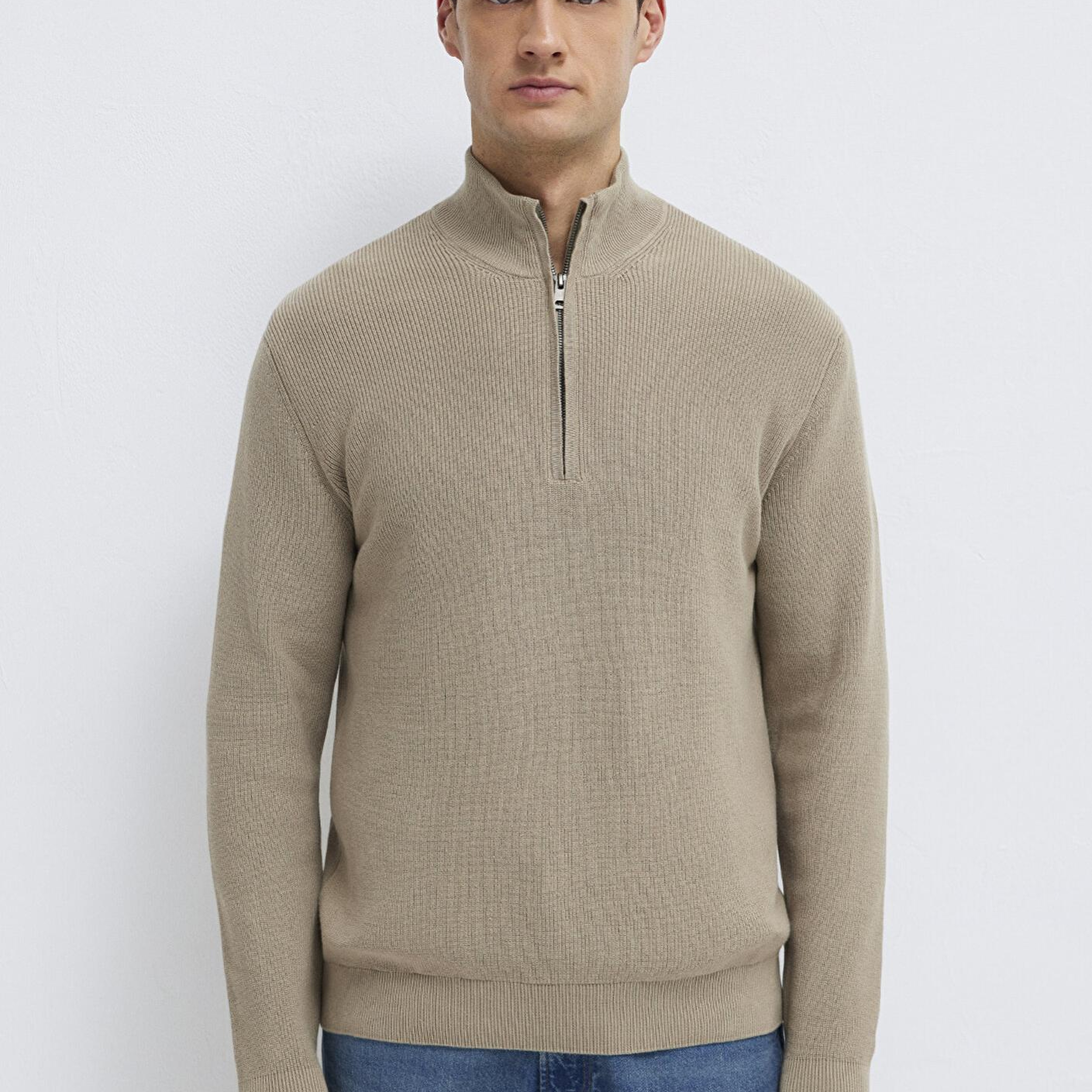 Mavi Yarı Fermuarlı Kahverengi Kazak Regular Fit / Normal Kesim 0710396-70355