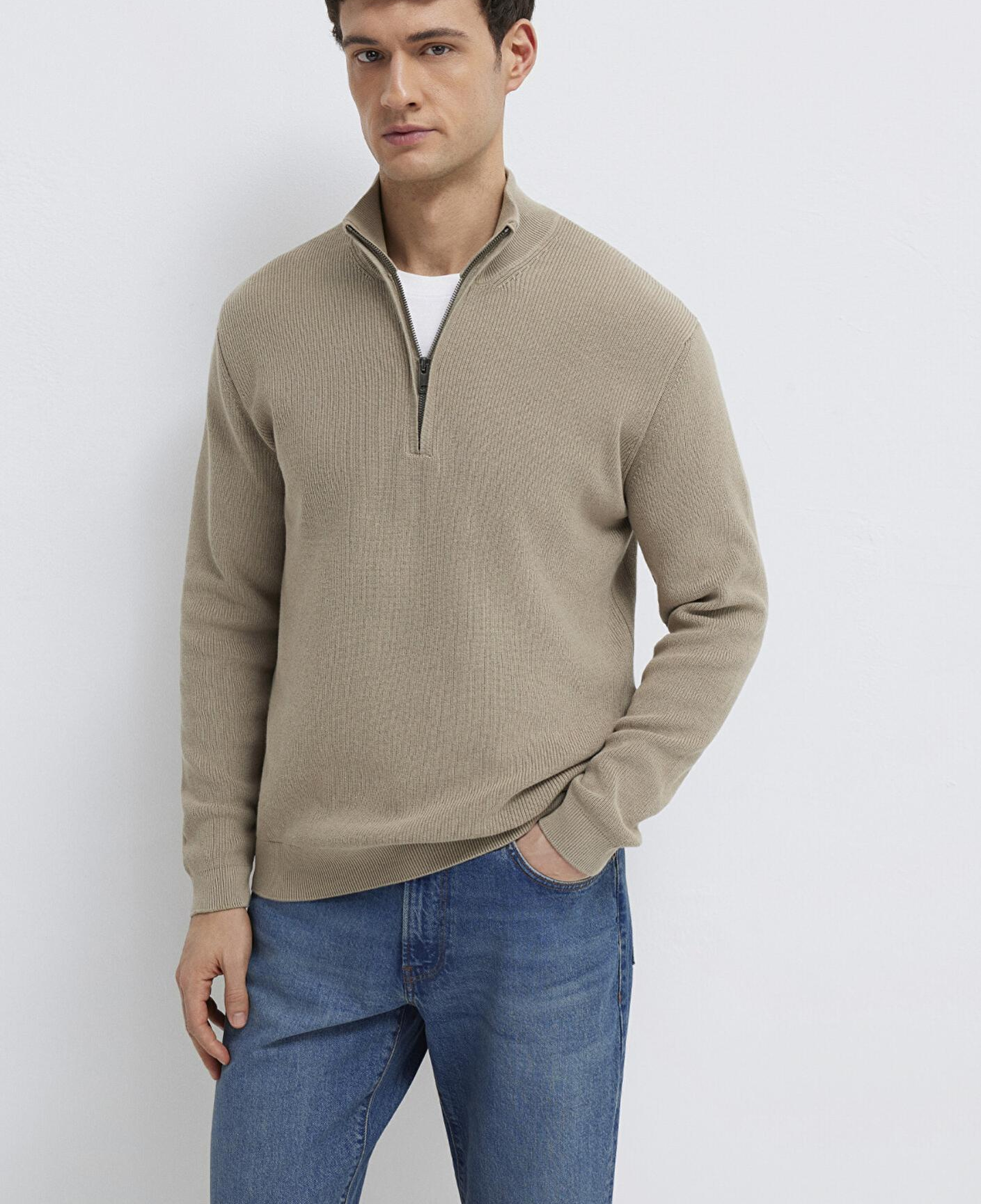 Mavi Yarı Fermuarlı Kahverengi Kazak Regular Fit / Normal Kesim 0710396-70355