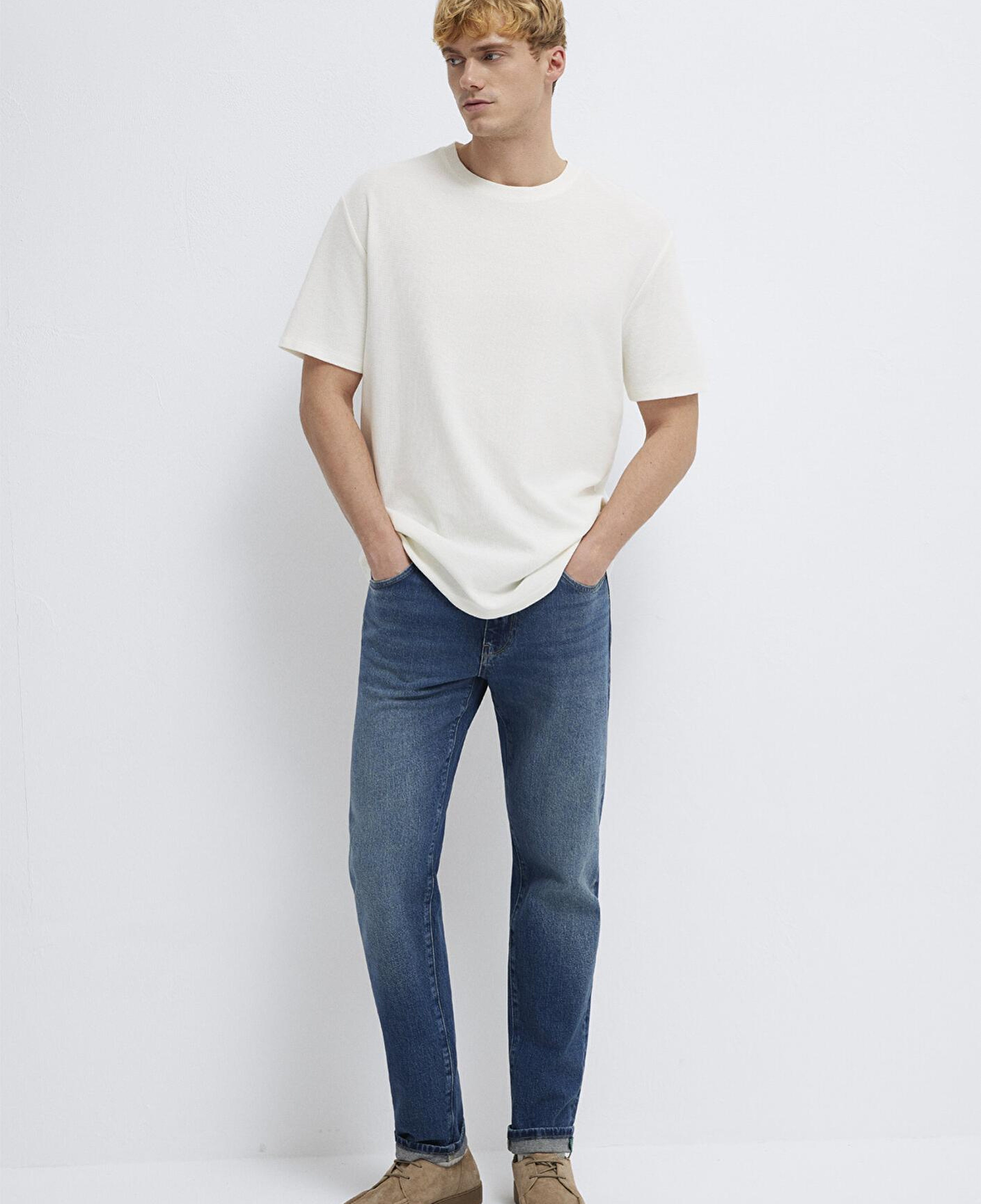 Mavi Ekru Basic Tişört Loose Fit / Bol Rahat Kesim 0613153-70056