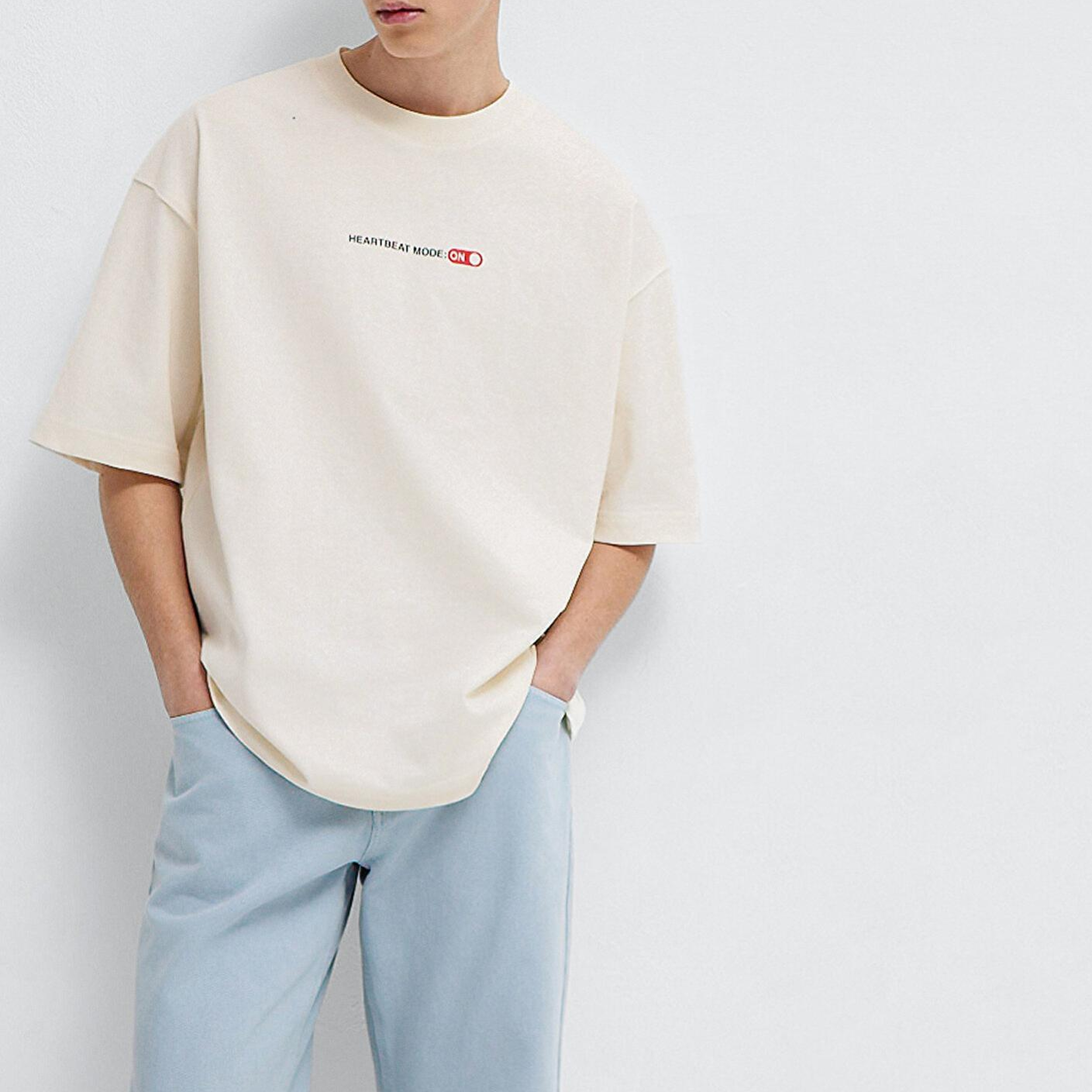 Mavi Heartbeat Mode On Baskılı Ekru Tişört Oversize / Geniş Kesim 0613254-83043