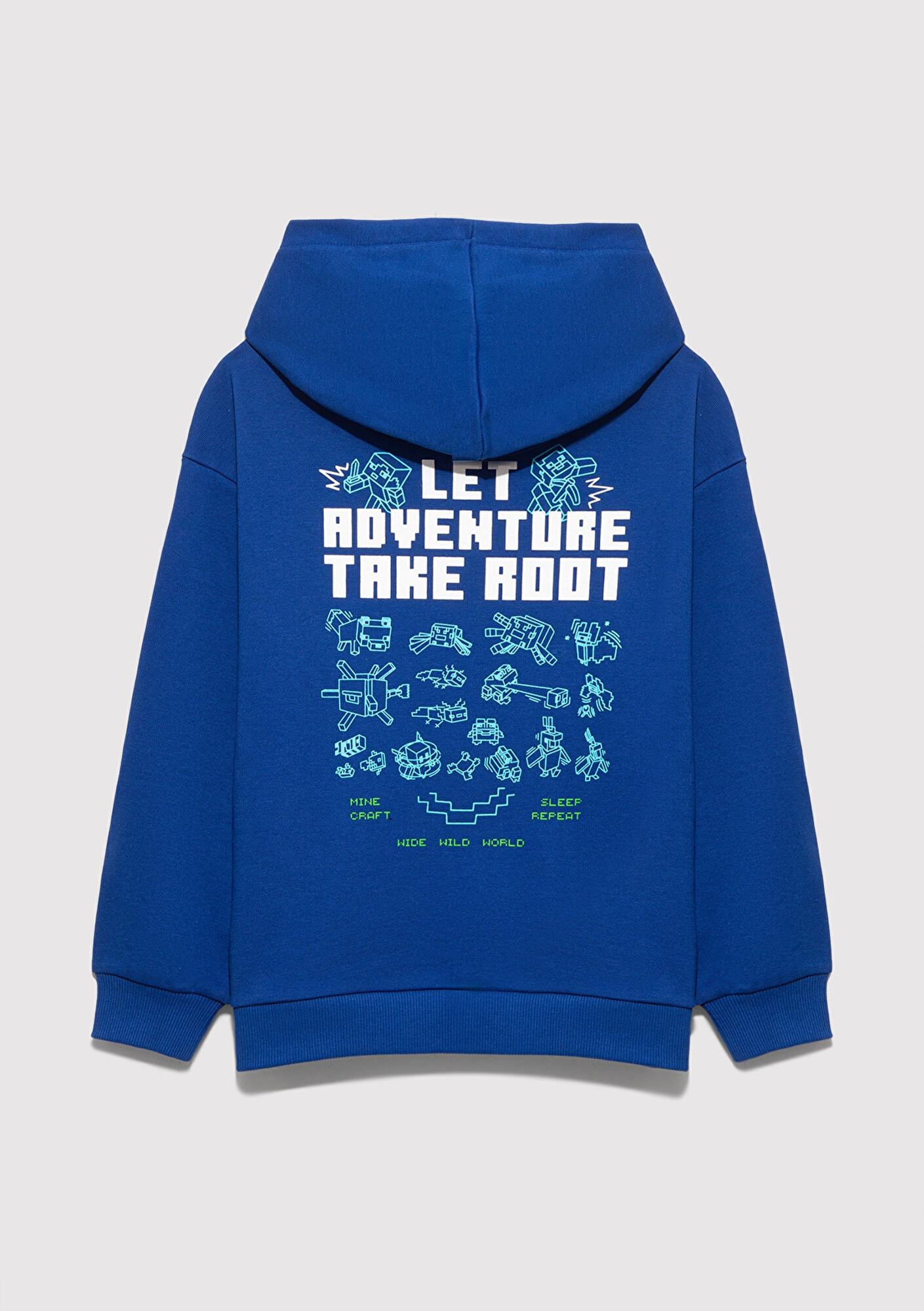 Mavi Minecraft Baskılı Kapüşonlu Mavi Sweatshirt 6S10180-70907