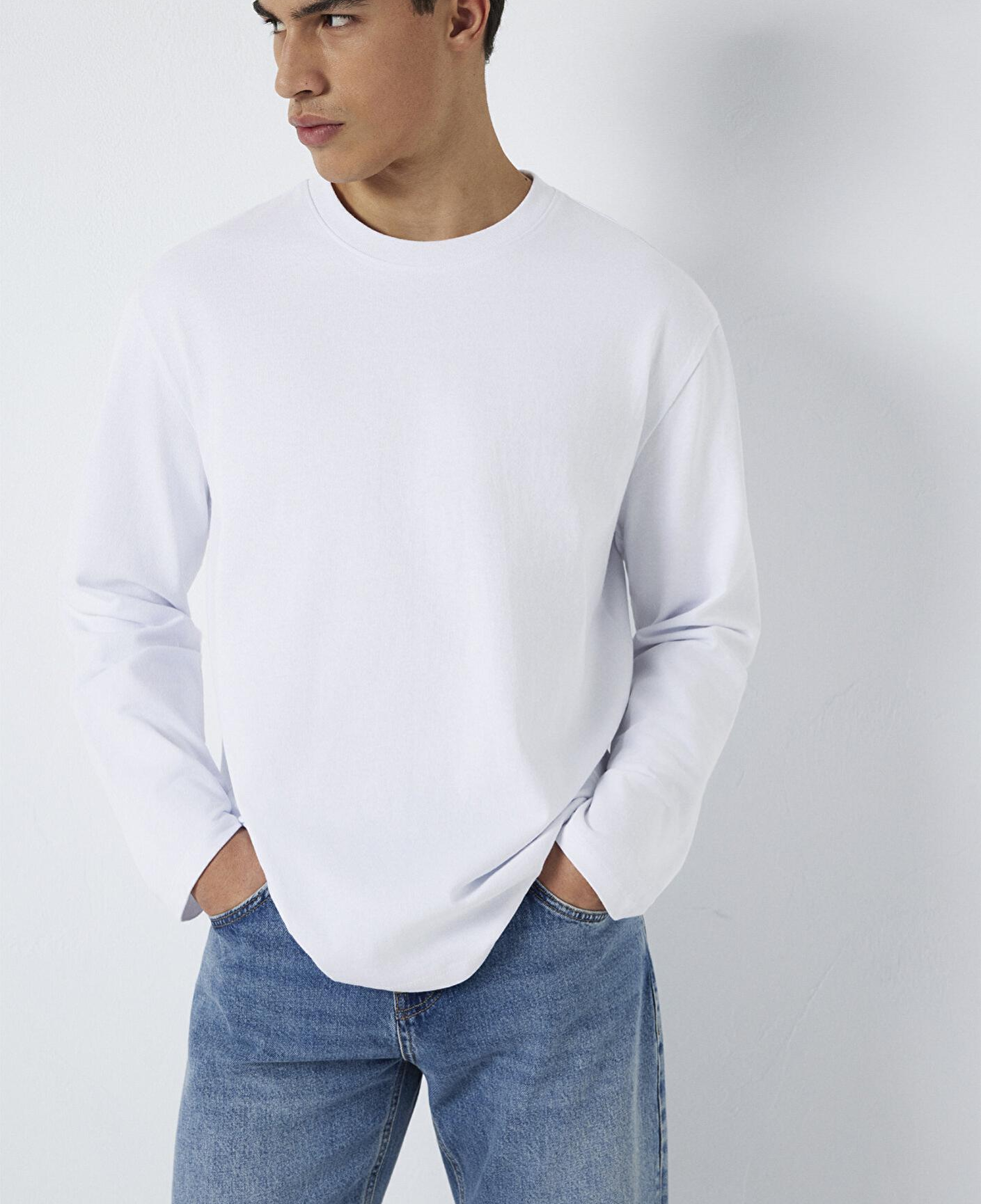 Mavi Uzun Kollu Beyaz Basic Tişört Loose Fit / Bol Rahat Kesim 0613170-620