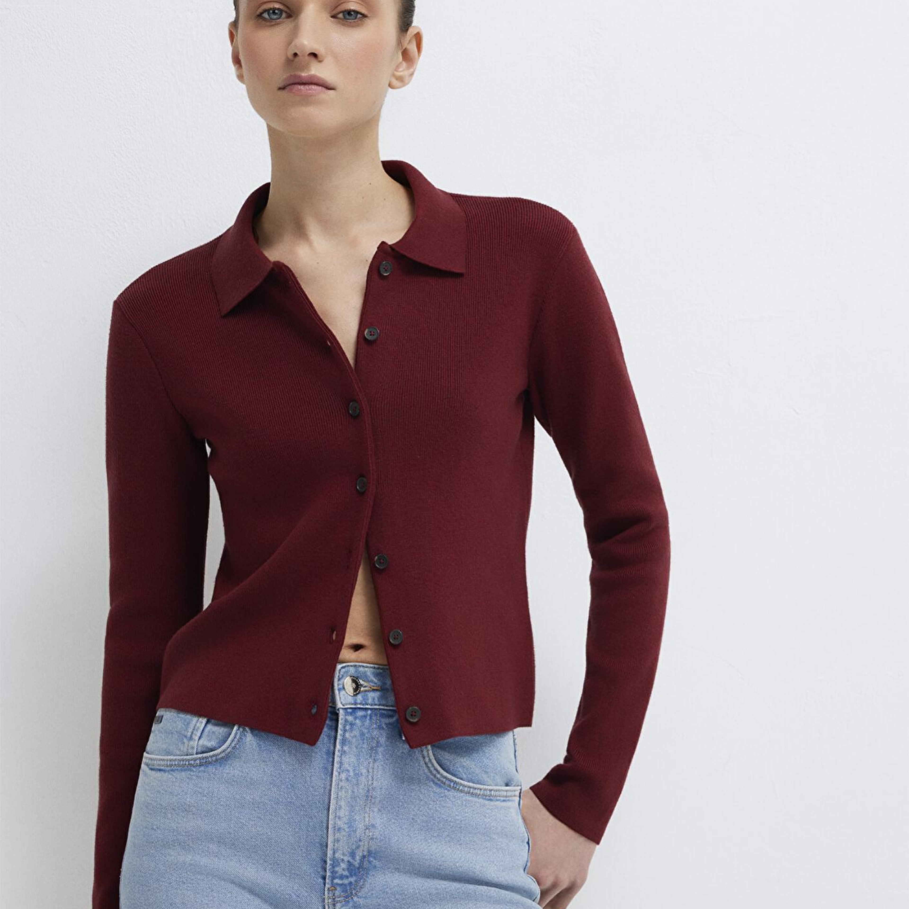 Mavi Polo Yaka Bordo Hırka Fitted / Vücuda Oturan Kesim 1710586-70431