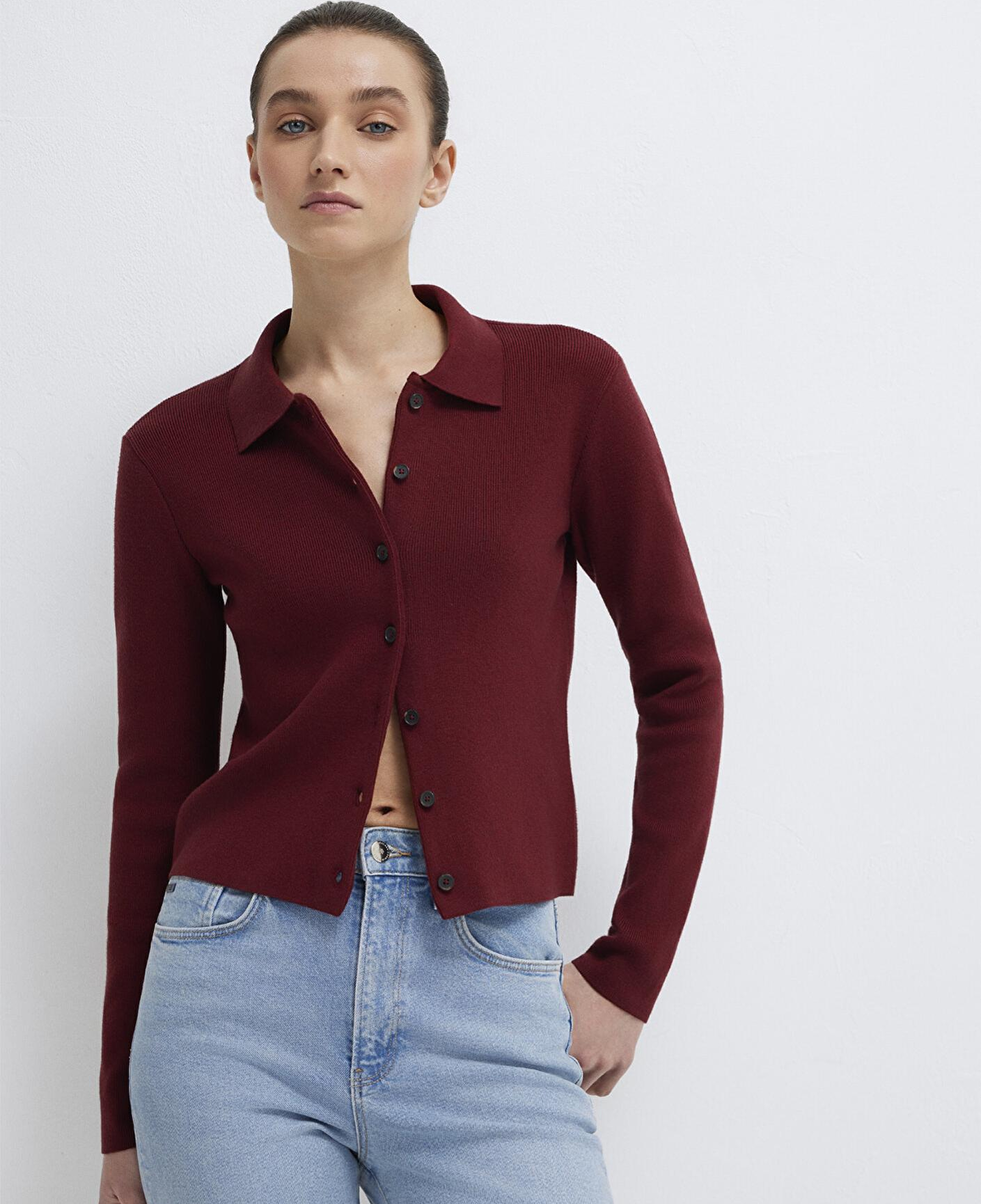 Mavi Polo Yaka Bordo Hırka Fitted / Vücuda Oturan Kesim 1710586-70431