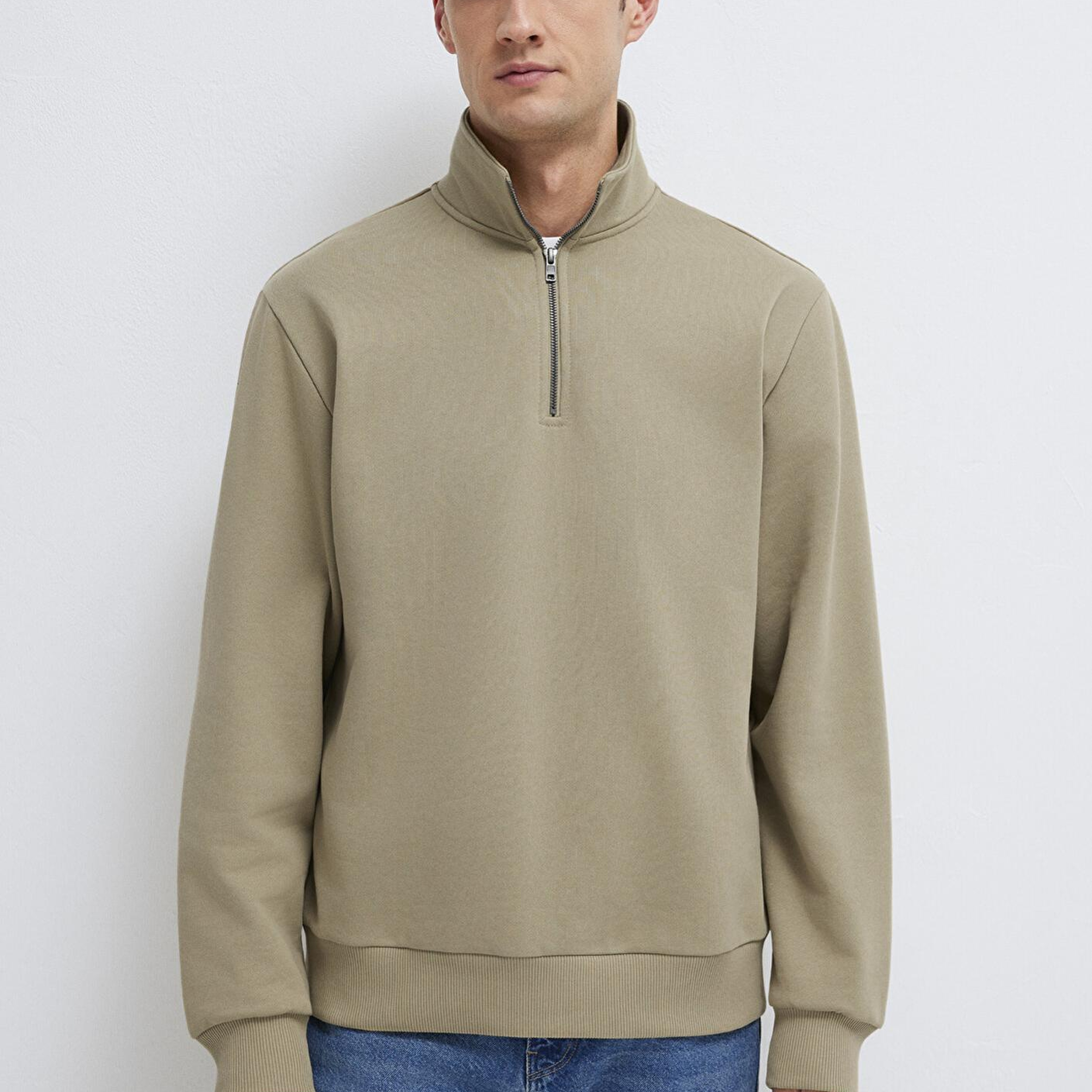 Mavi Yarı Fermuarlı Basic Bej Sweatshirt 0S10419-70204