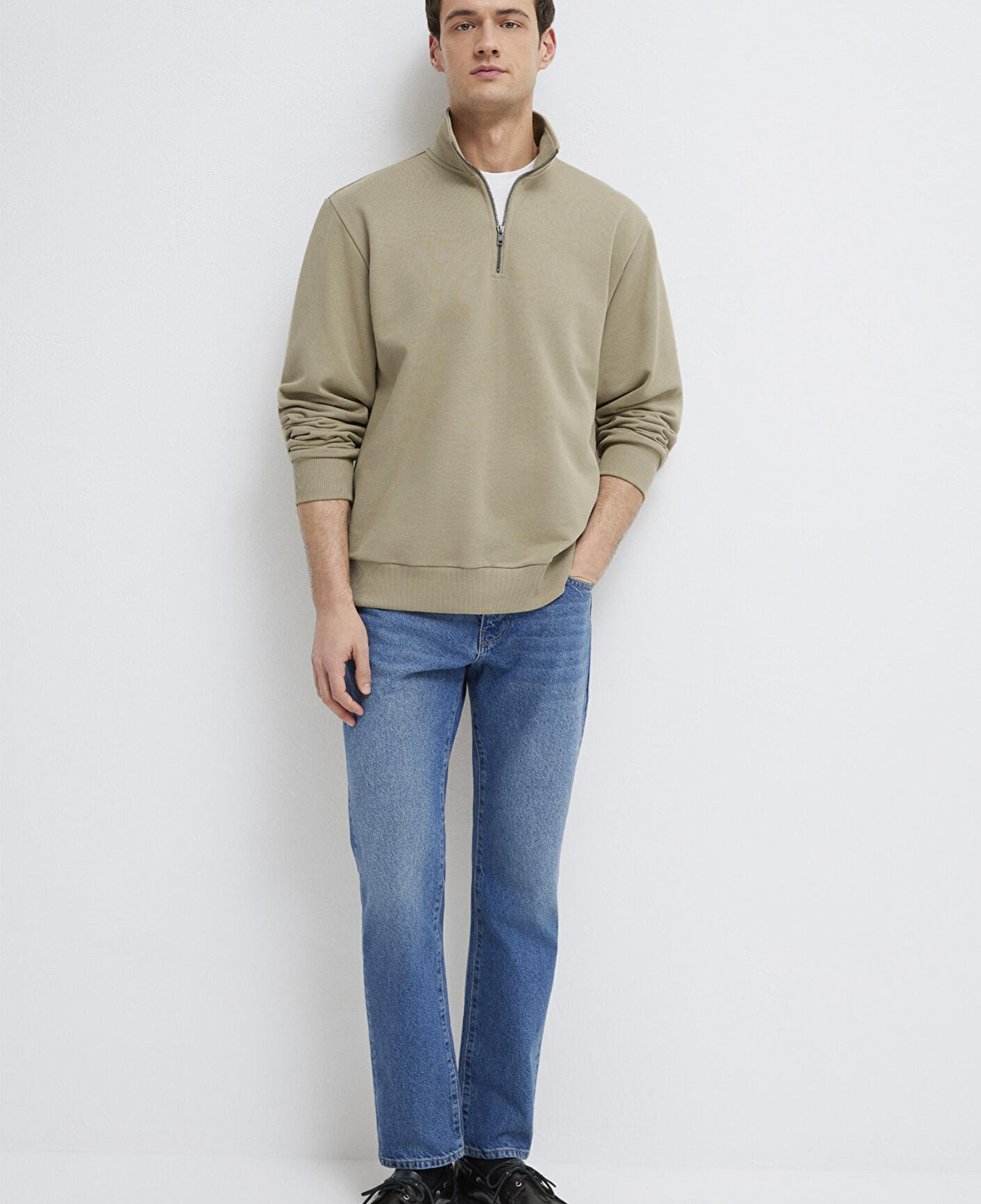 Mavi Yarı Fermuarlı Basic Bej Sweatshirt 0S10419-70204