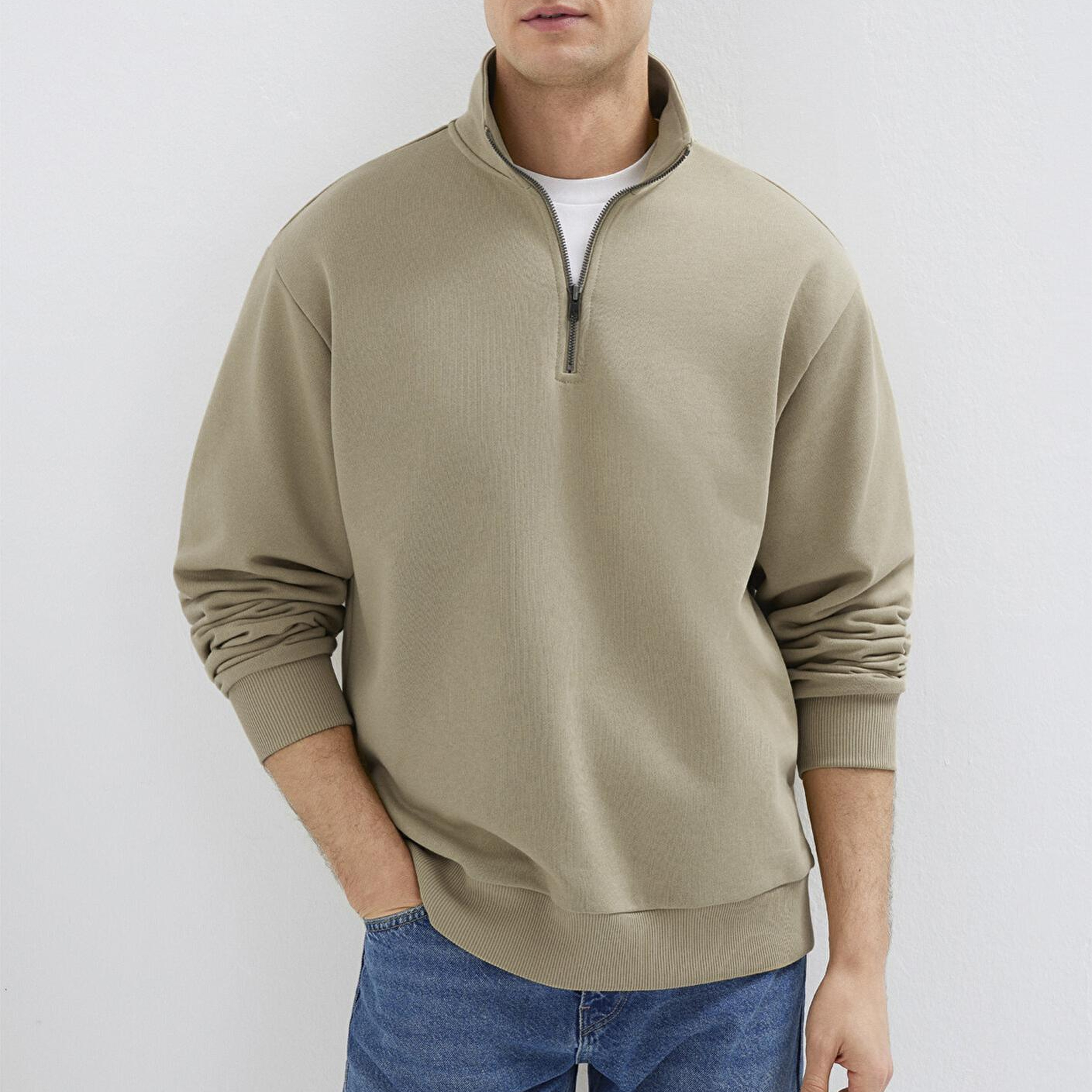 Mavi Yarı Fermuarlı Basic Bej Sweatshirt 0S10419-70204