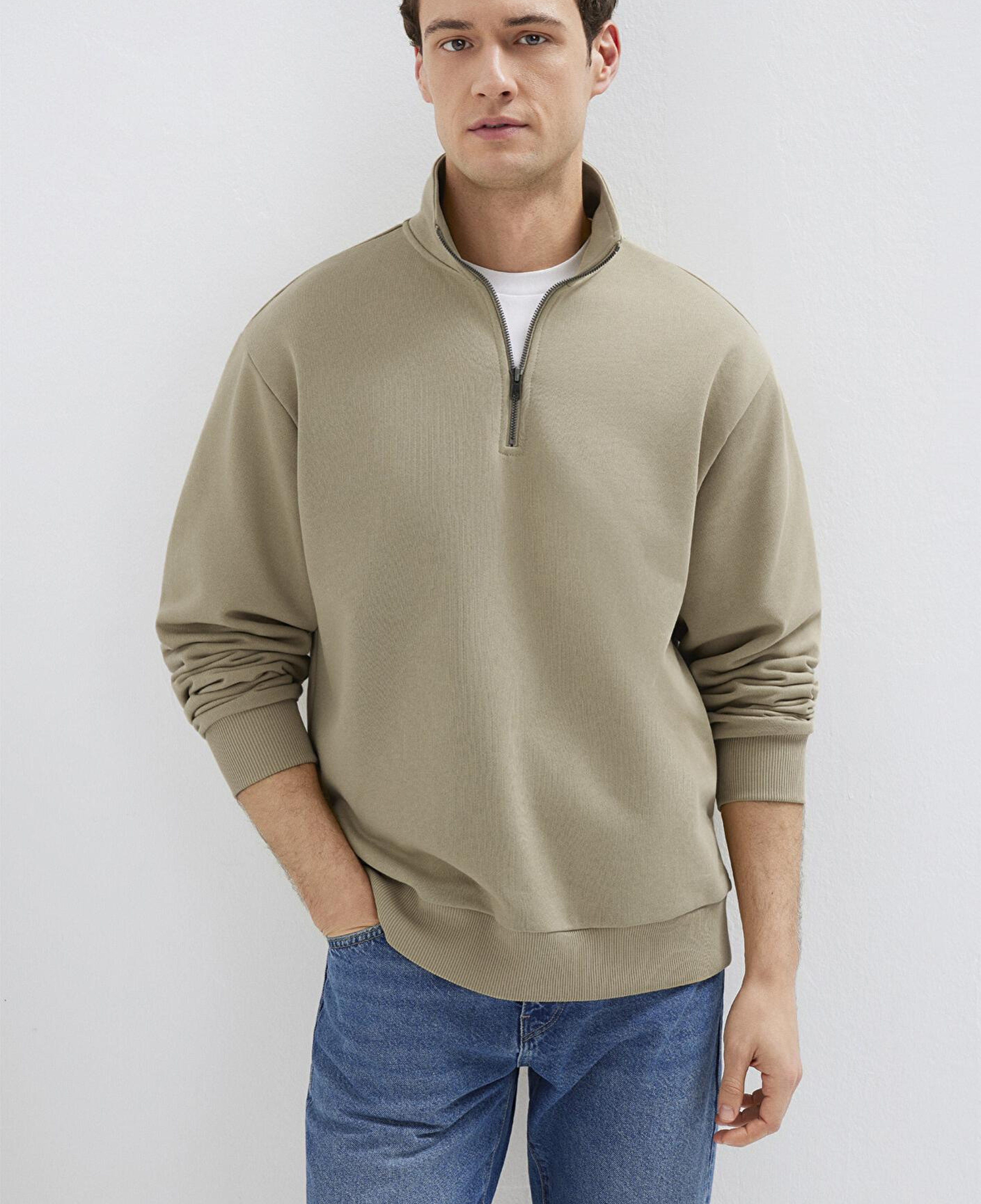 Mavi Yarı Fermuarlı Basic Bej Sweatshirt 0S10419-70204