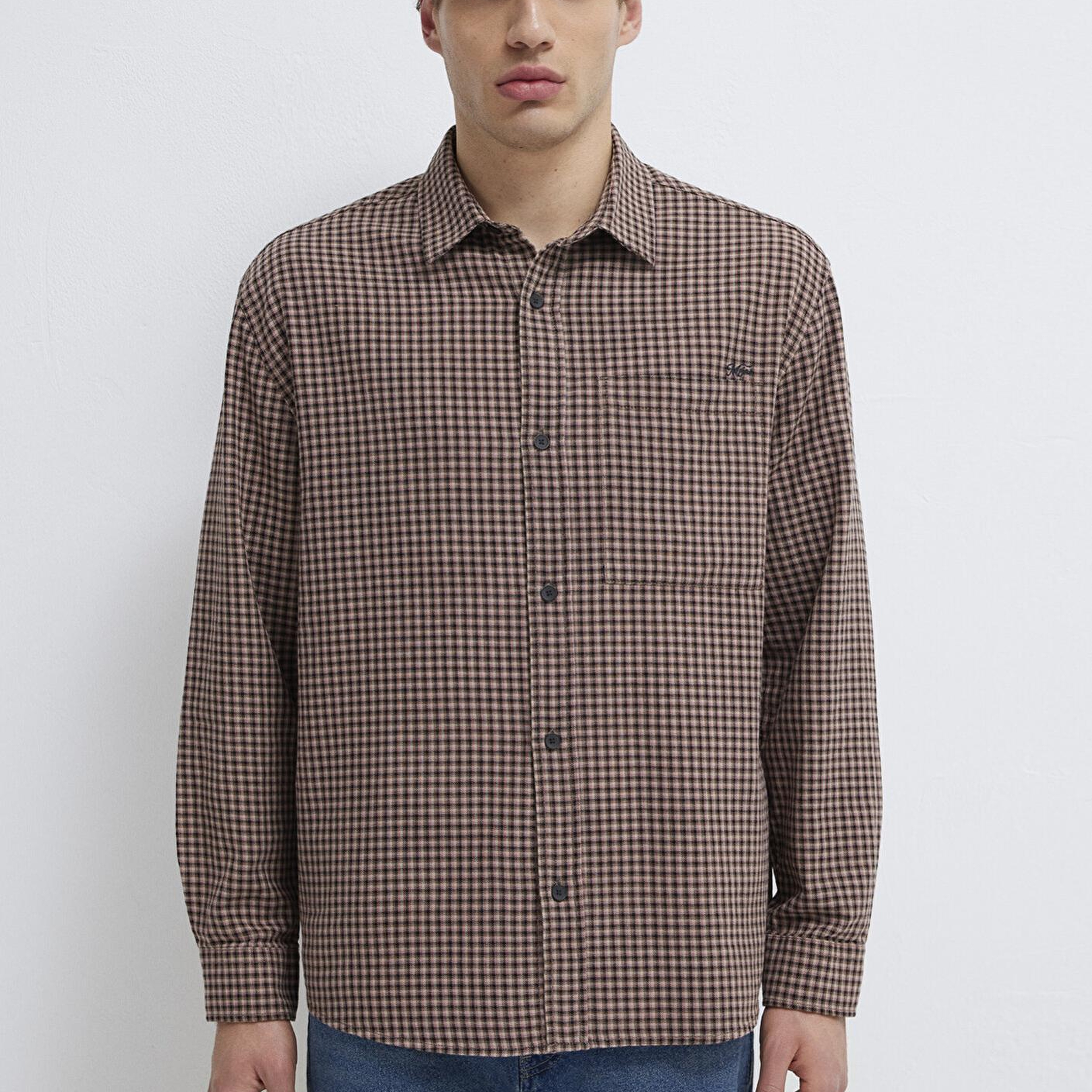 Mavi Bordo Ekose Gömlek Loose Fit / Bol Rahat Kesim 0211887-91419