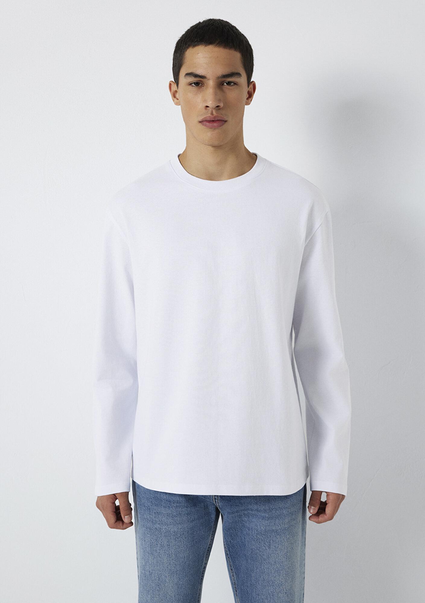 Mavi Uzun Kollu Beyaz Basic Tişört Loose Fit / Bol Rahat Kesim 0613170-620