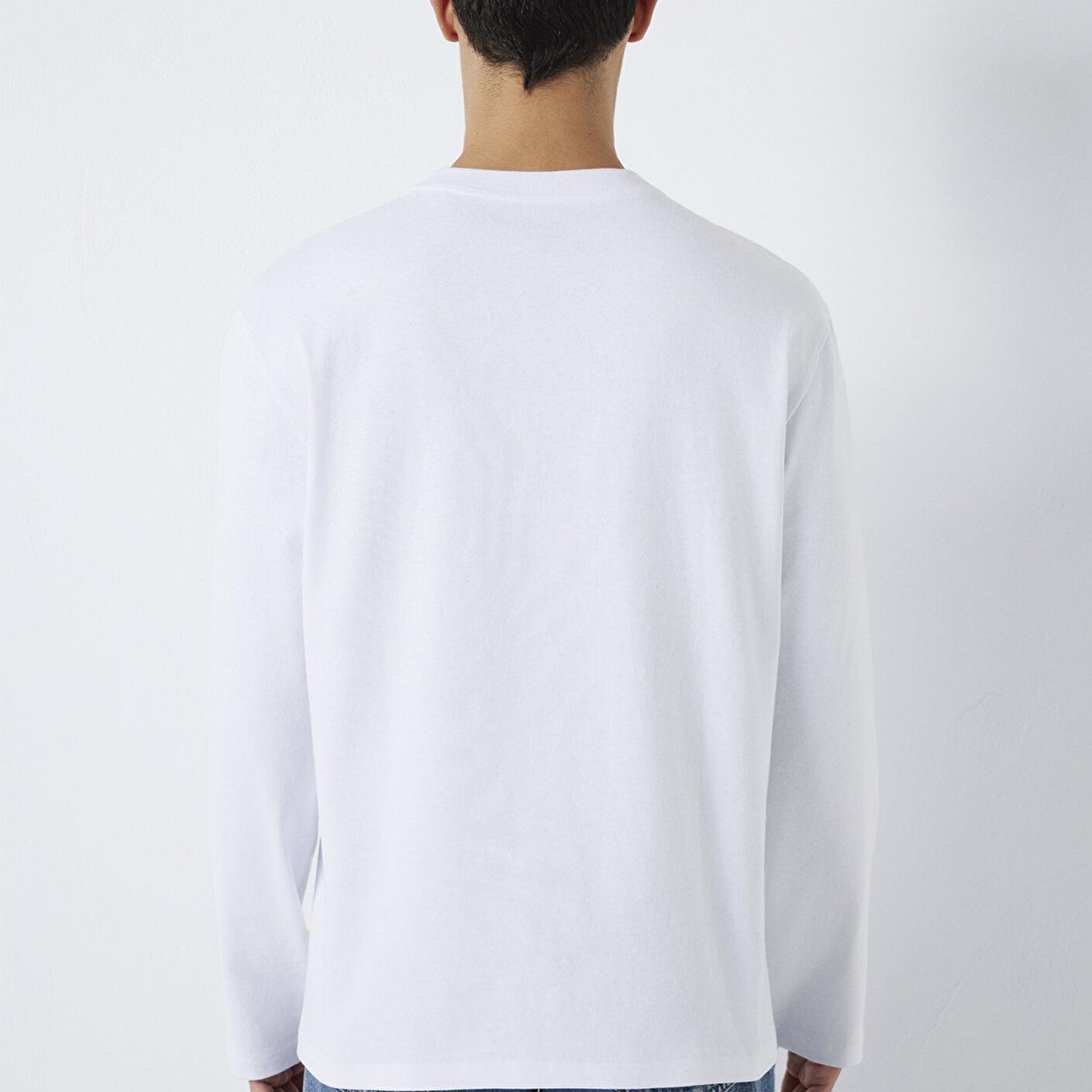 Mavi Uzun Kollu Beyaz Basic Tişört Loose Fit / Bol Rahat Kesim 0613170-620