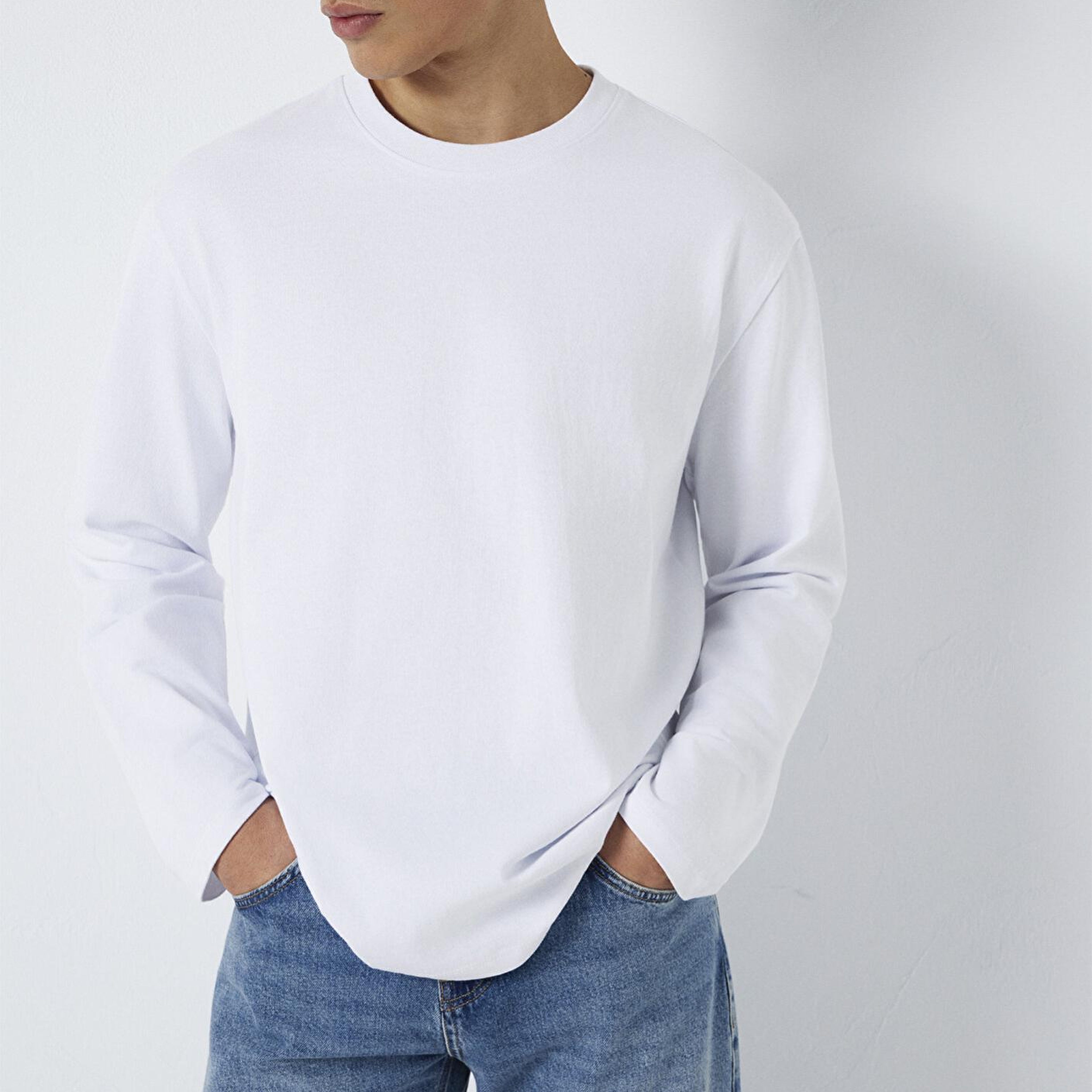 Mavi Uzun Kollu Beyaz Basic Tişört Loose Fit / Bol Rahat Kesim 0613170-620