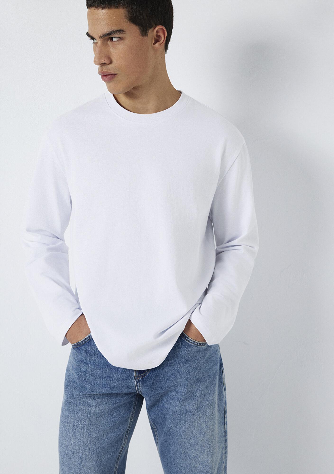 Mavi Uzun Kollu Beyaz Basic Tişört Loose Fit / Bol Rahat Kesim 0613170-620