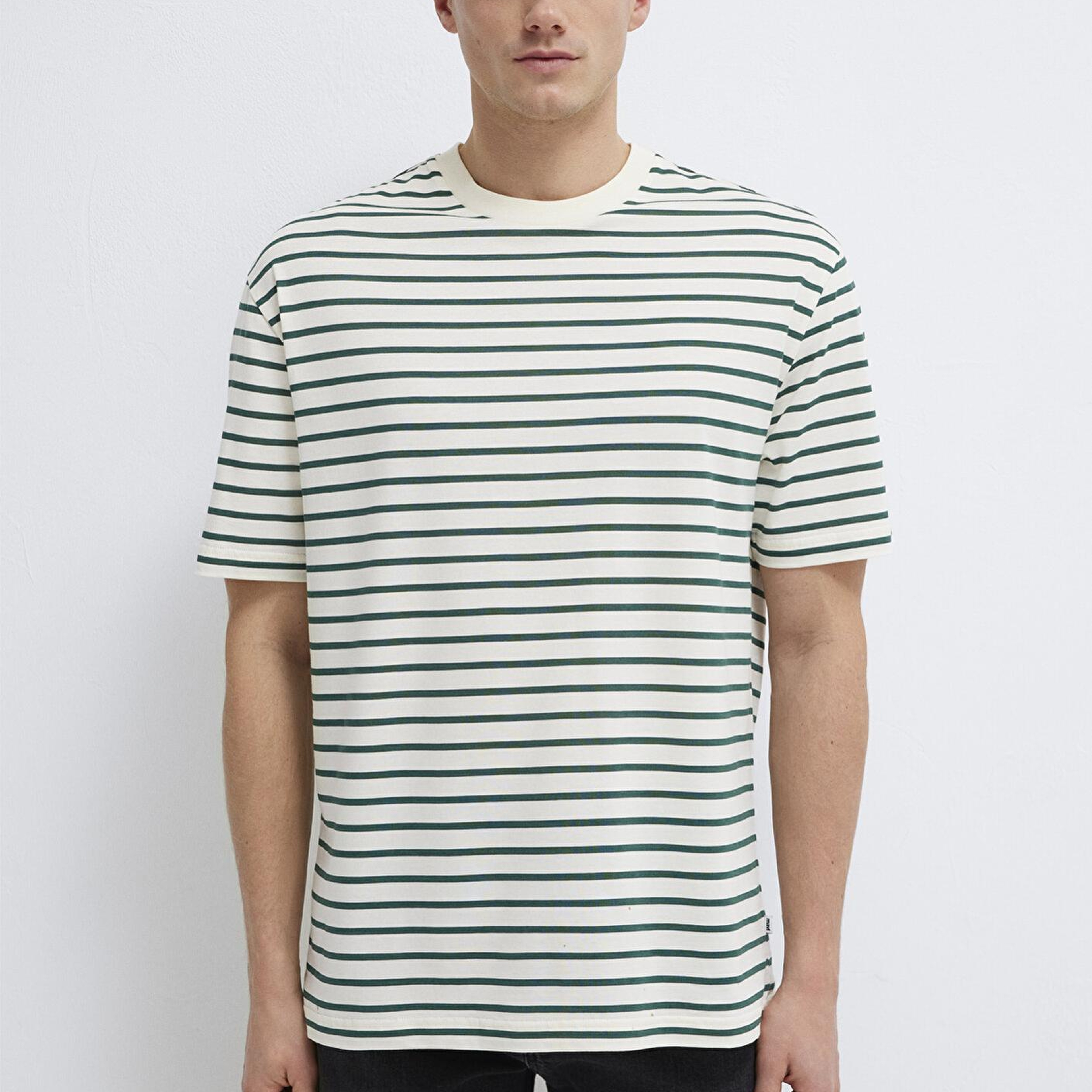 Mavi Yeşil Çizgili Ekru Tişört Loose Fit / Bol Rahat Kesim 0613274-71930