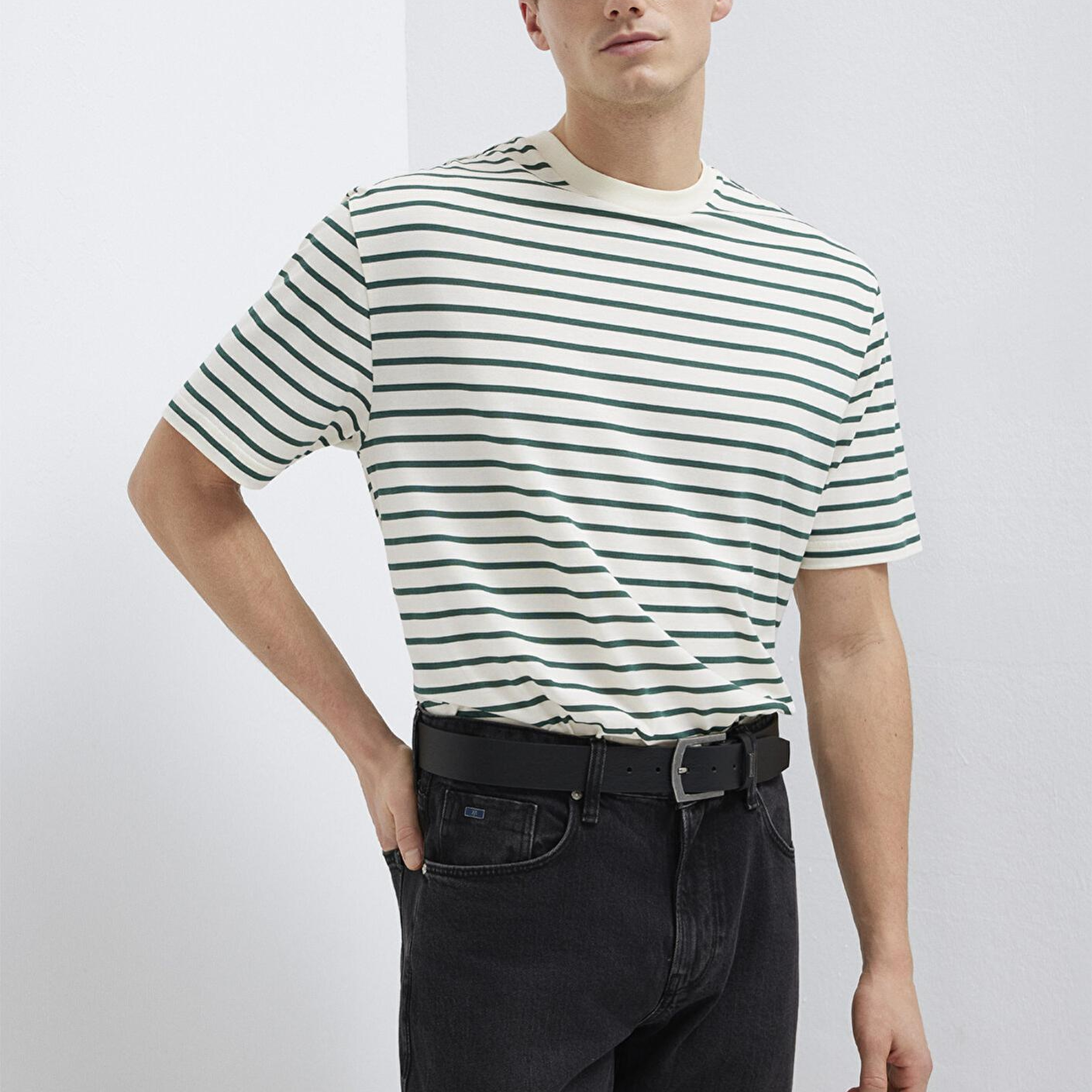 Mavi Yeşil Çizgili Ekru Tişört Loose Fit / Bol Rahat Kesim 0613274-71930