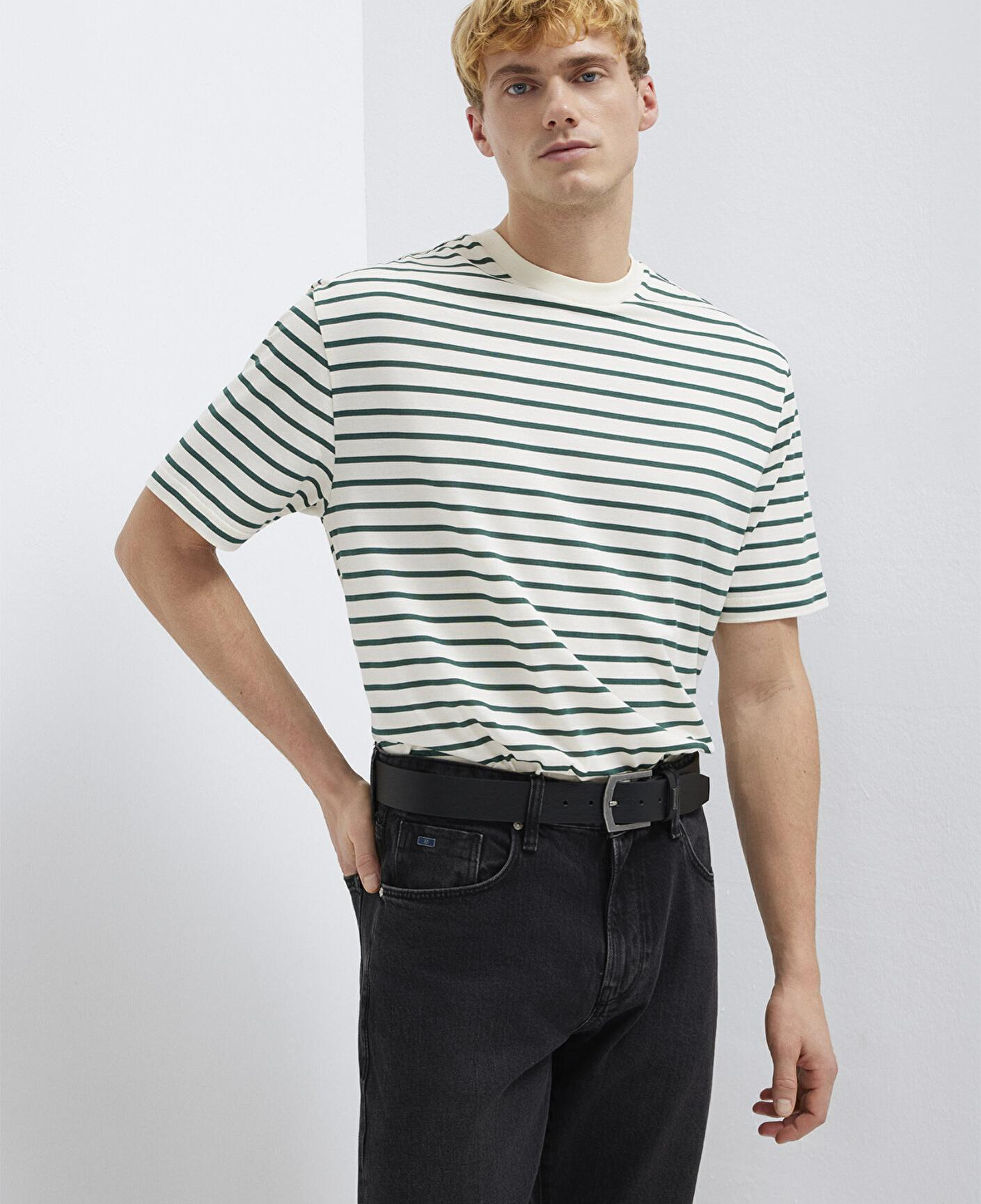 Mavi Yeşil Çizgili Ekru Tişört Loose Fit / Bol Rahat Kesim 0613274-71930