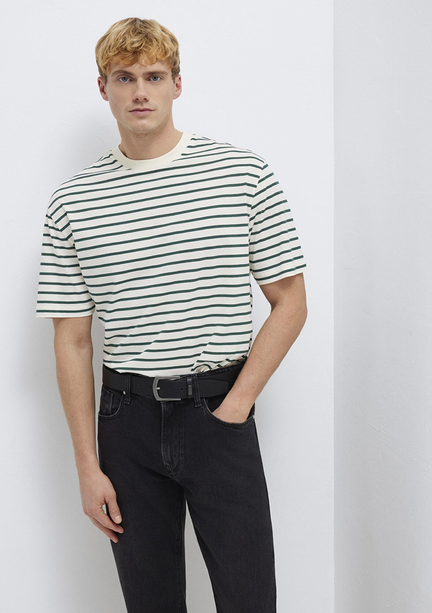 Mavi Yeşil Çizgili Ekru Tişört Loose Fit / Bol Rahat Kesim 0613274-71930