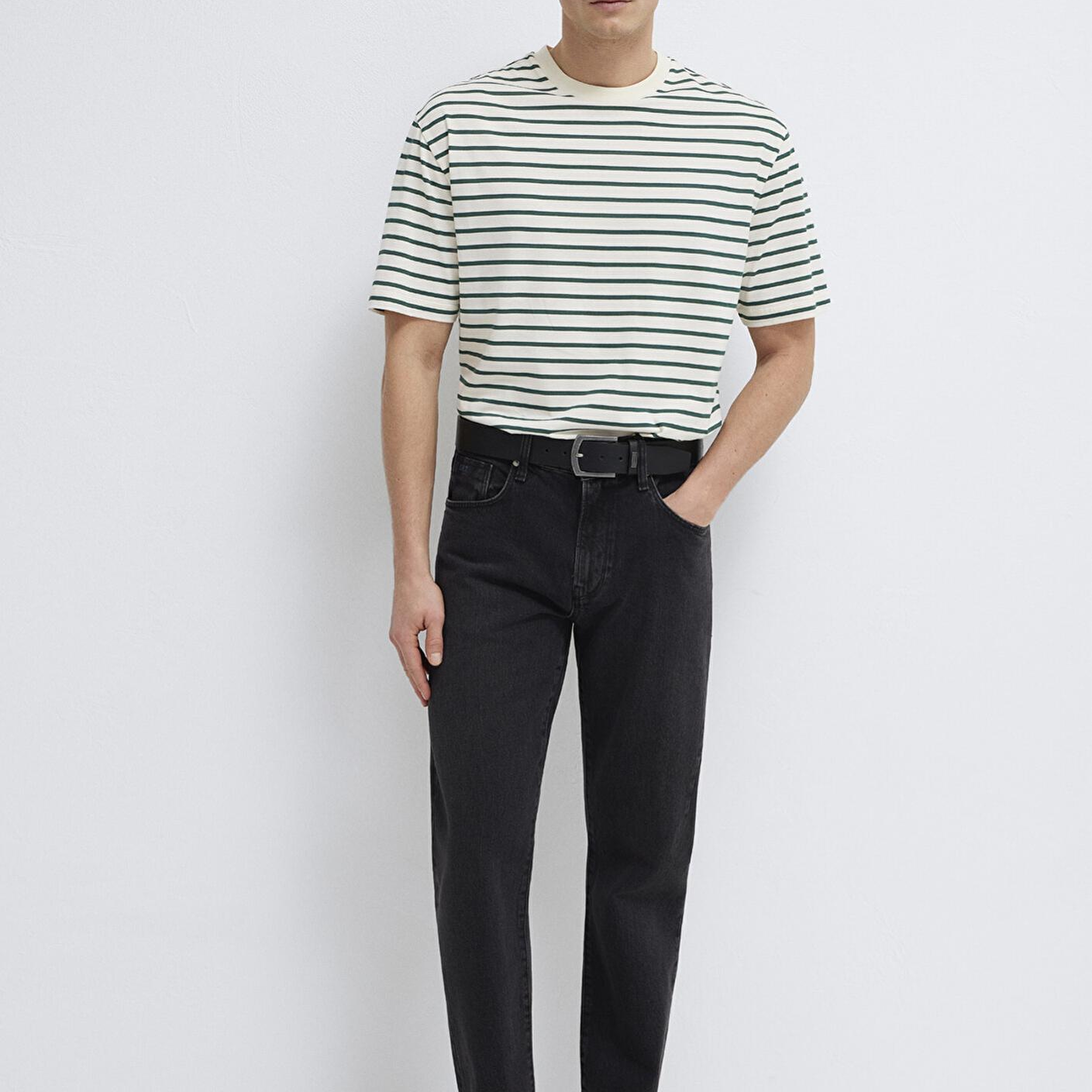 Mavi Yeşil Çizgili Ekru Tişört Loose Fit / Bol Rahat Kesim 0613274-71930