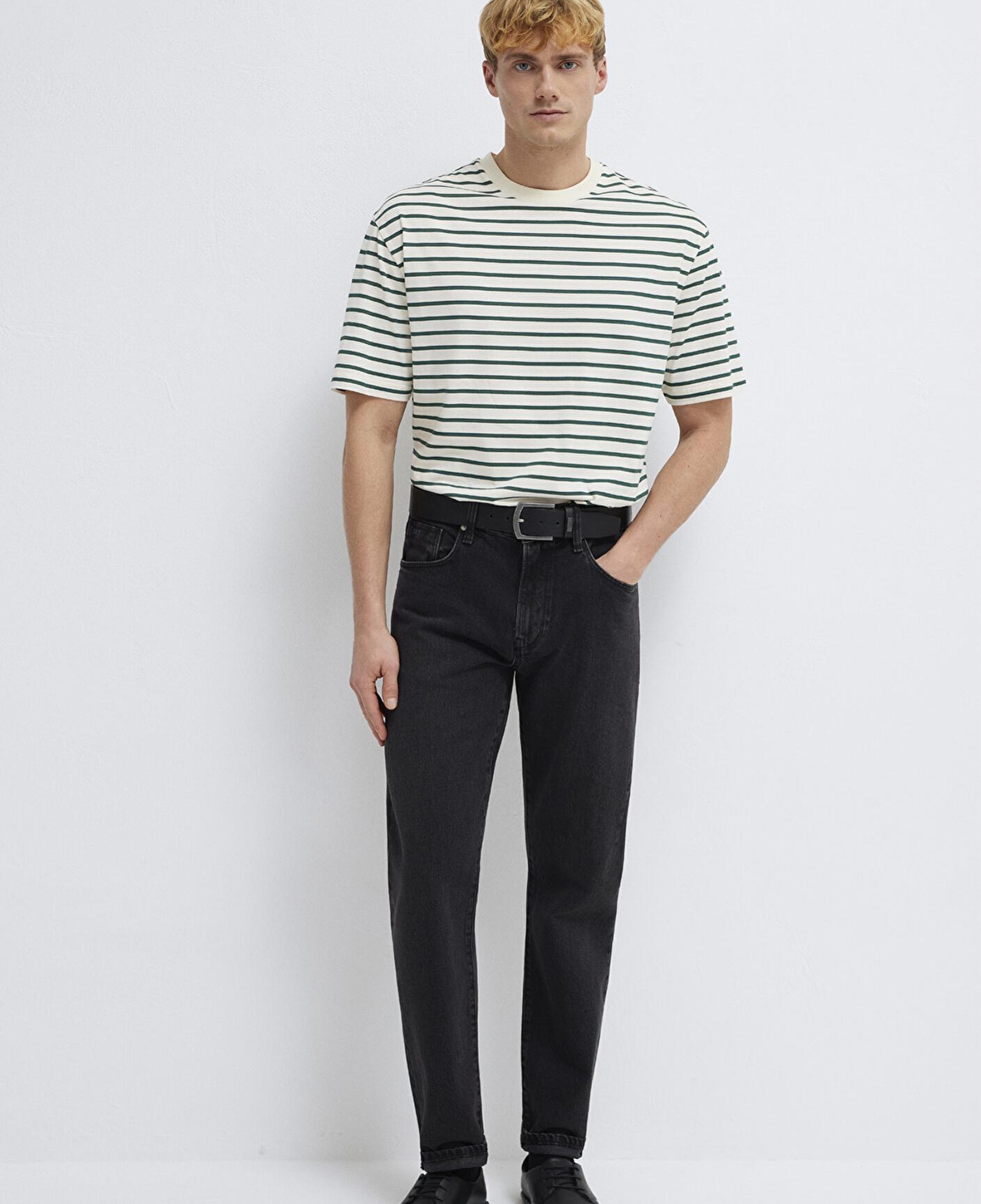 Mavi Yeşil Çizgili Ekru Tişört Loose Fit / Bol Rahat Kesim 0613274-71930