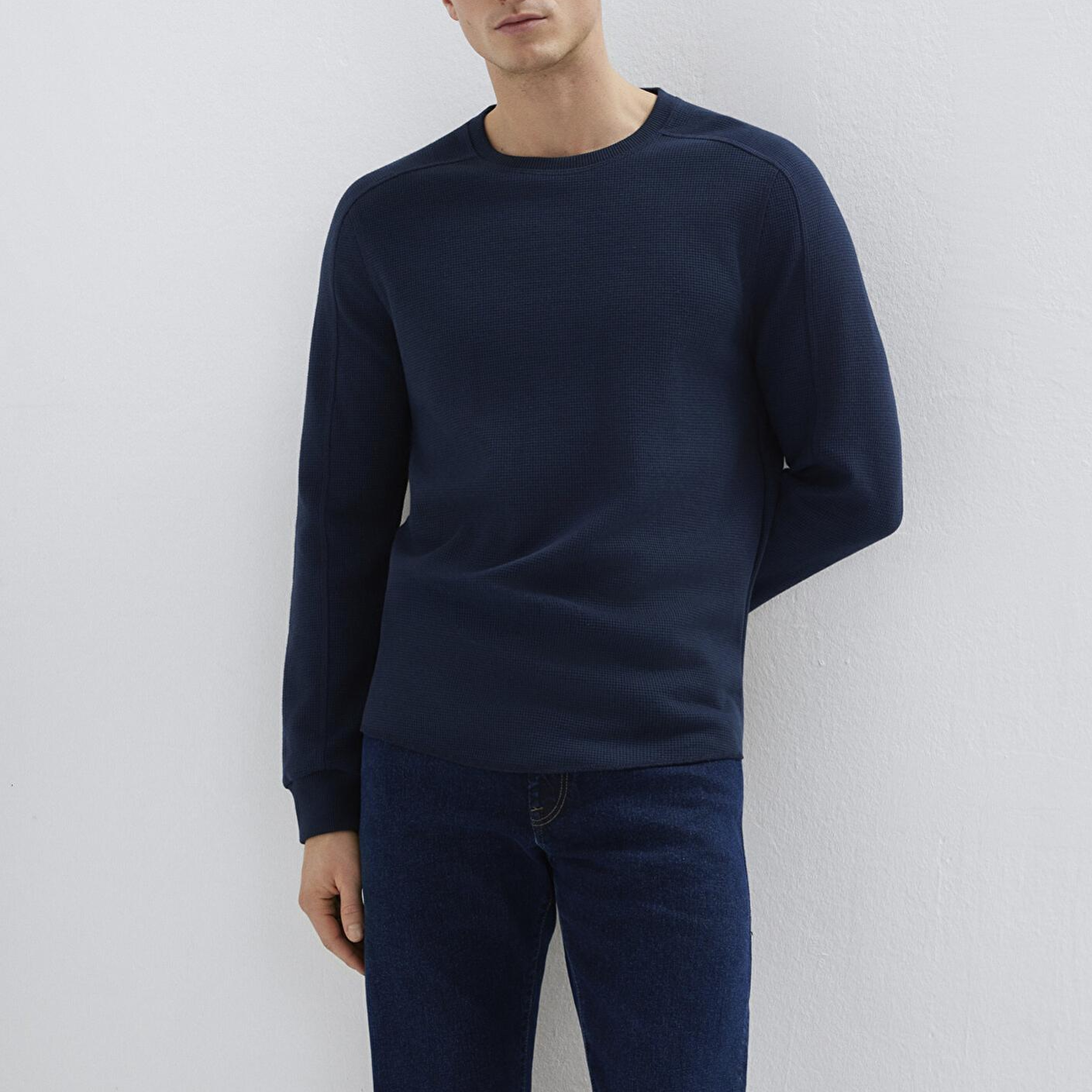 Mavi Uzun Kollu Dokulu Lacivert Basic Tişört Slim Fit / Dar Kesim 0610106-70490