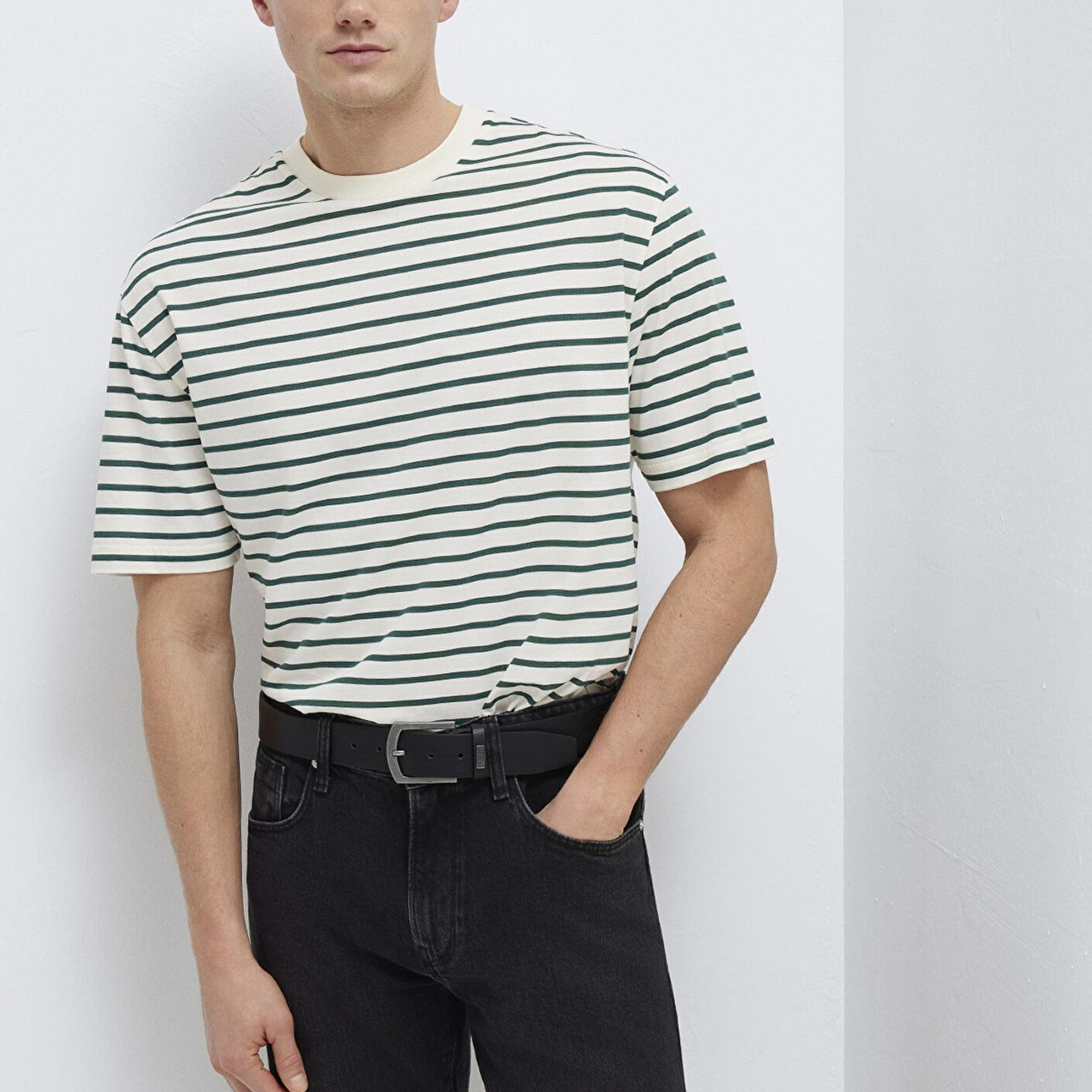 Mavi Yeşil Çizgili Ekru Tişört Loose Fit / Bol Rahat Kesim 0613274-71930