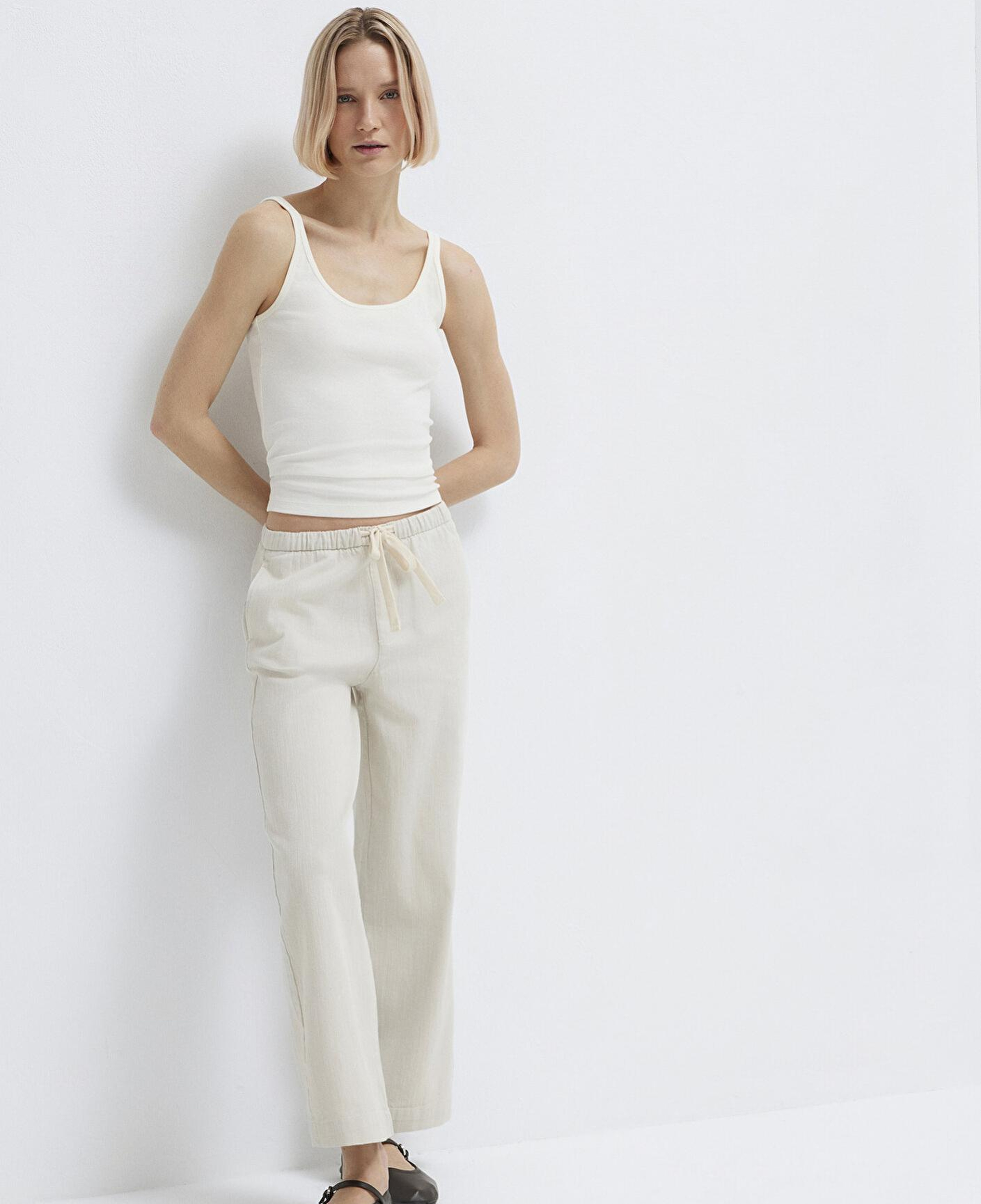 Mavi Bağcık Detaylı Bej Pantolon 1011203-35043