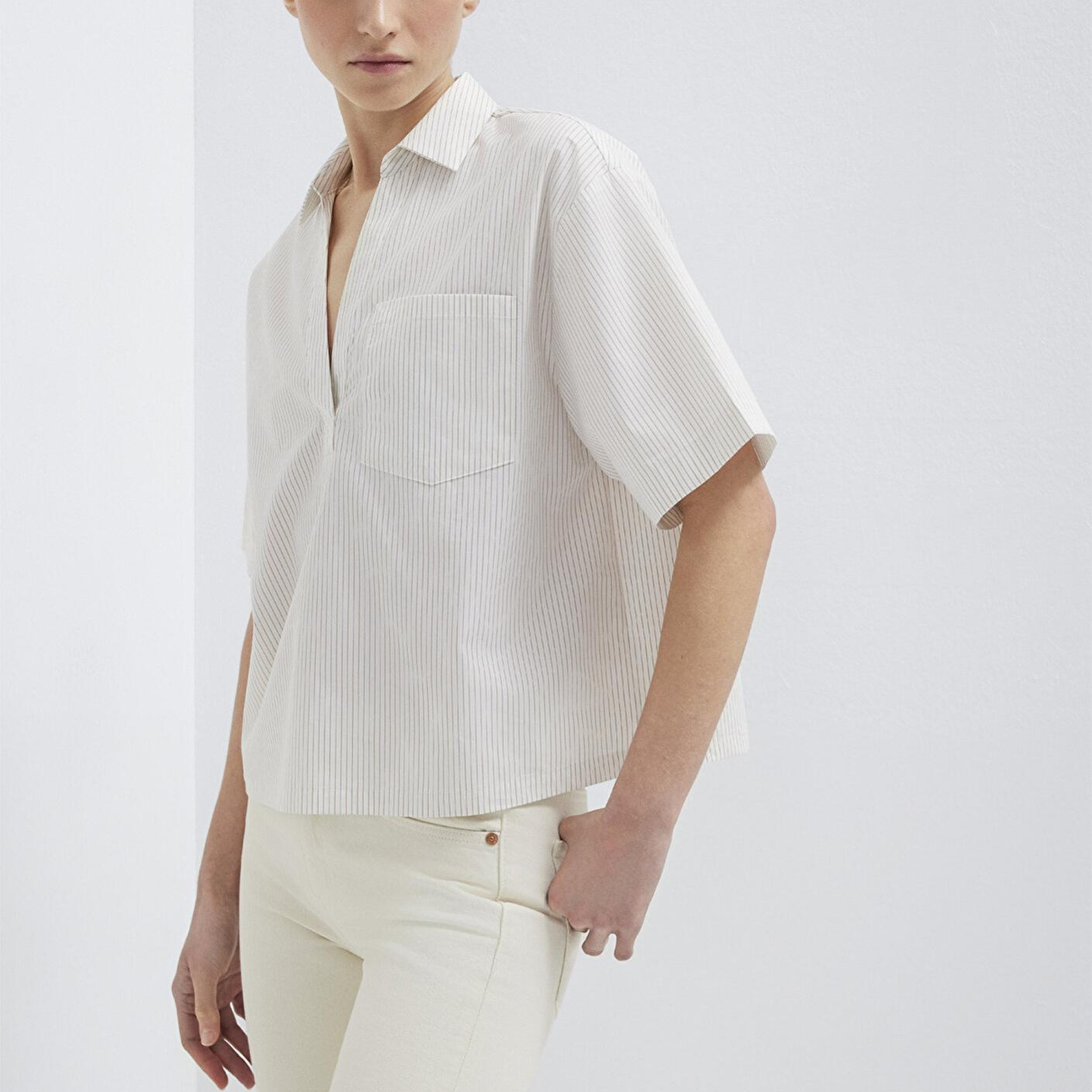 Mavi Kısa Kollu Cepli Ekru Bluz 1211377-82759