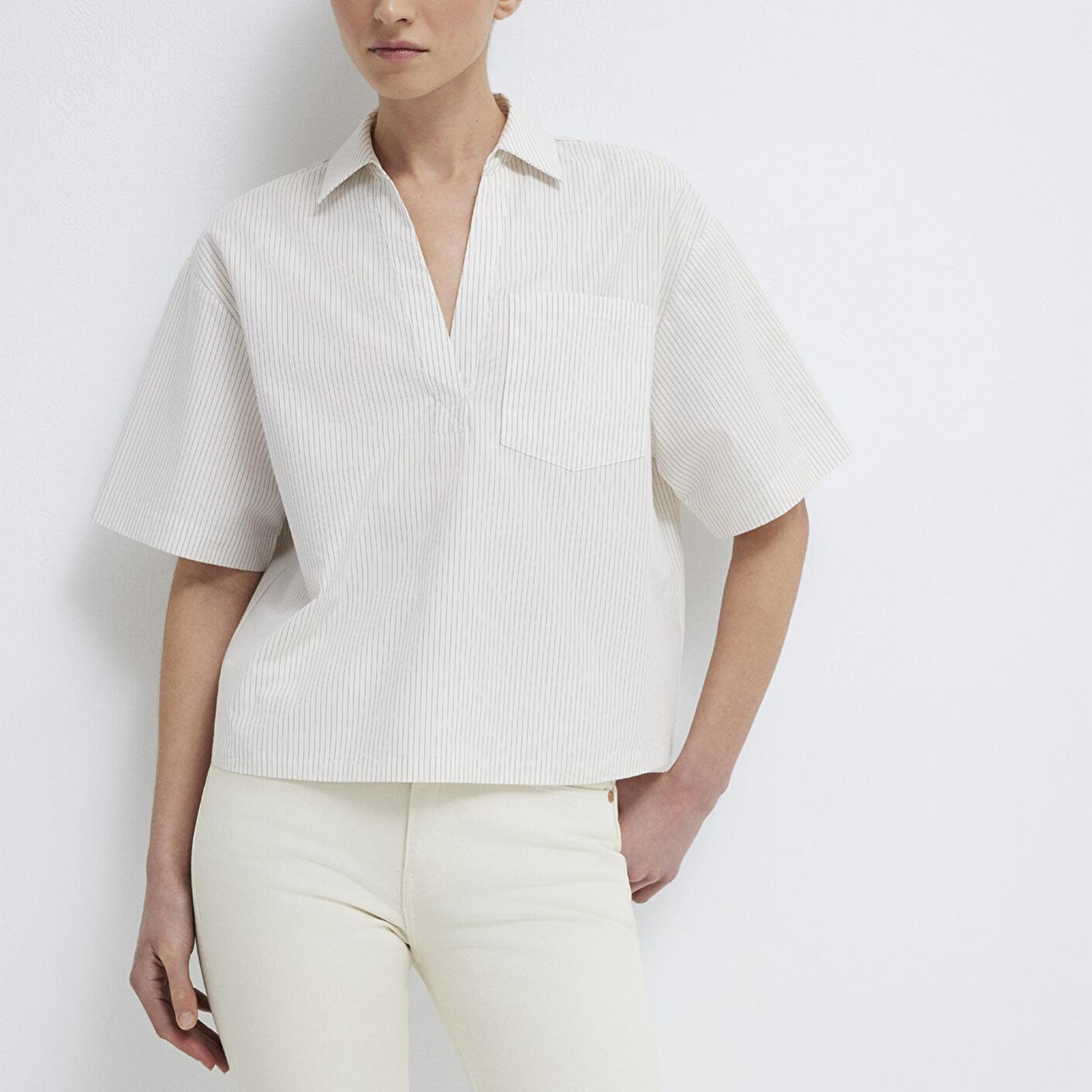 Mavi Kısa Kollu Cepli Ekru Bluz 1211377-82759